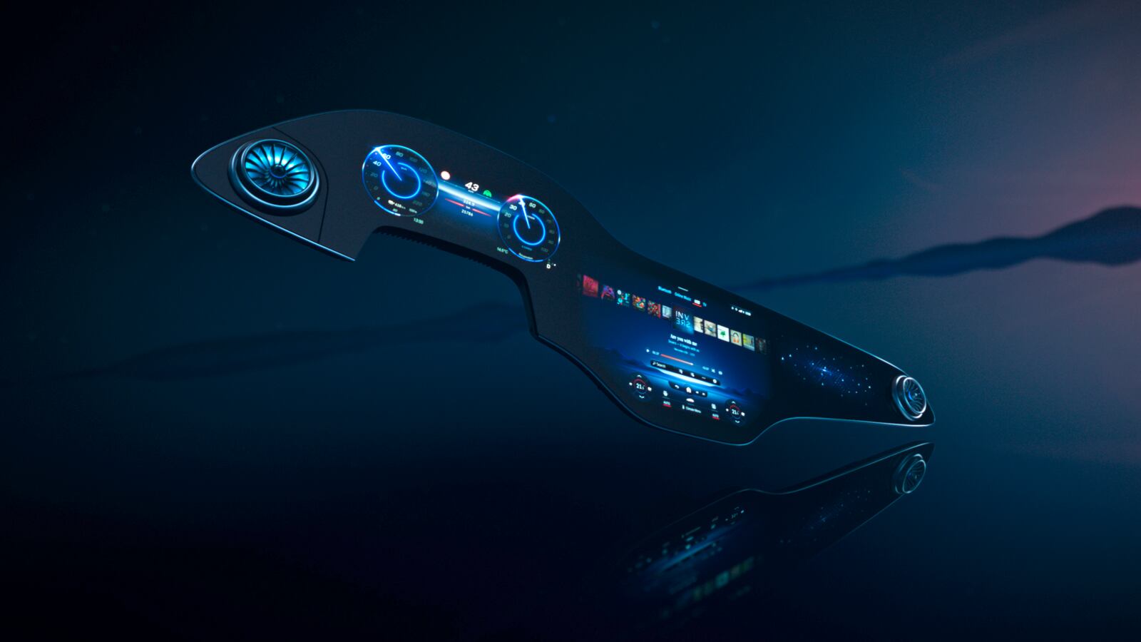 This photo provided by Mercedes-Benz shows the MBUX Hyperscreen, a 56-inch digital display stretching across the entire dashboard that will debut on the upcoming EQS electric vehicle. (Courtesy of Mercedes-Benz via AP)