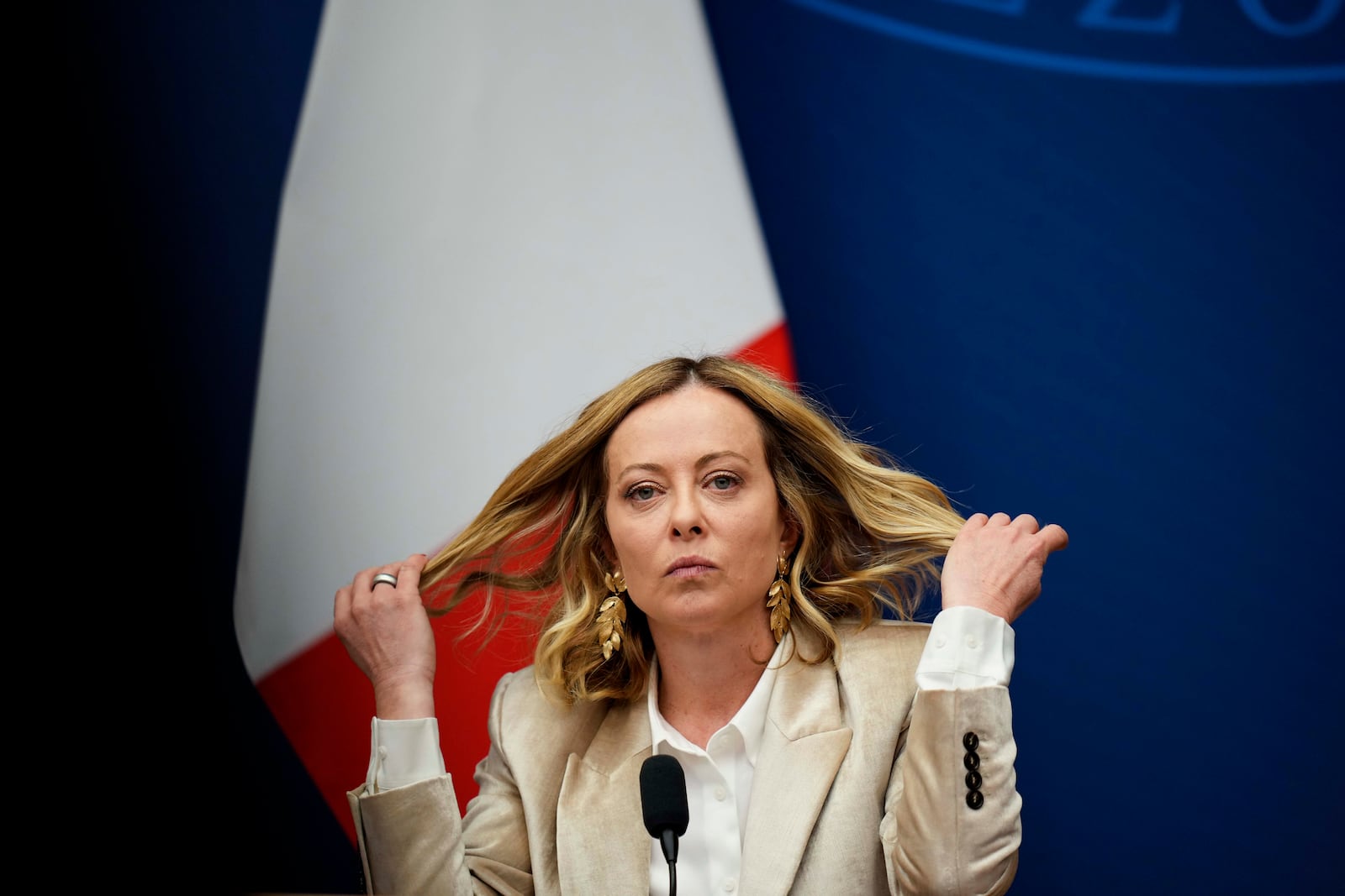 Italian Premier Giorgia Meloni holds the 2024 year-end press conference, in Rome, Thursday, Jan. 9, 2025. (AP Photo/Alessandra Tarantino)