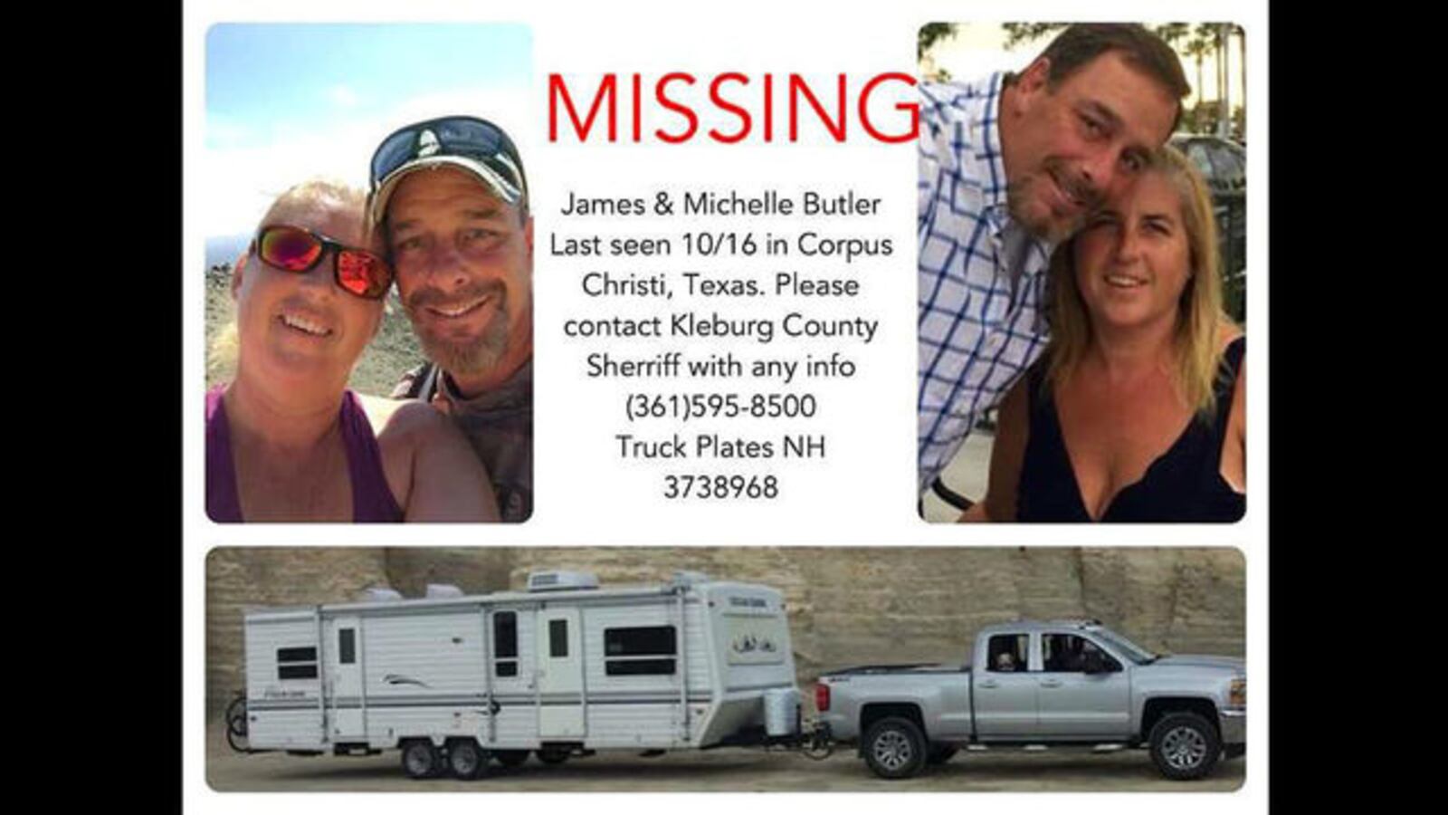 James Butler, 48, and his wife, Michelle Butler, 45, vanished Oct. 15, 2019, as they camped on the beach on Padre Island, Texas. Adam Curtis Williams, 33, of Utah, is wanted in connection with the killings of the New Hampshire couple.