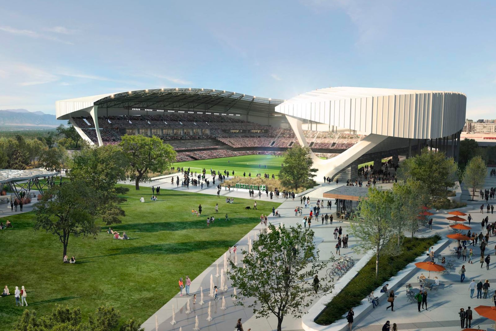 This image provided by the Skylark, shows an artists' rendering of the proposed new stadium for the expansion National Women’s Soccer League team in Denver. (Skylark via AP)