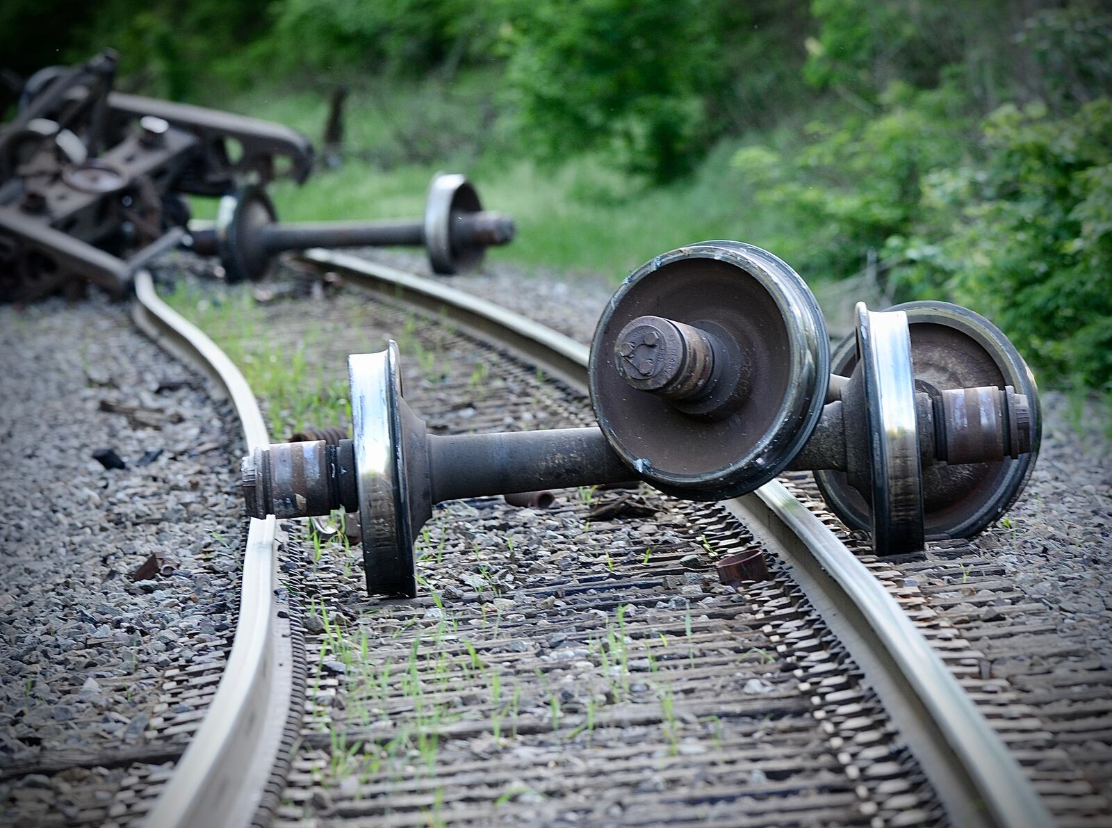 Several train cars derailed and railroad tracks were damaged Thursday afternoon, May 12, 2022, in Mad River Twp. in Clark County. MARSHALL GORBY/STAFF