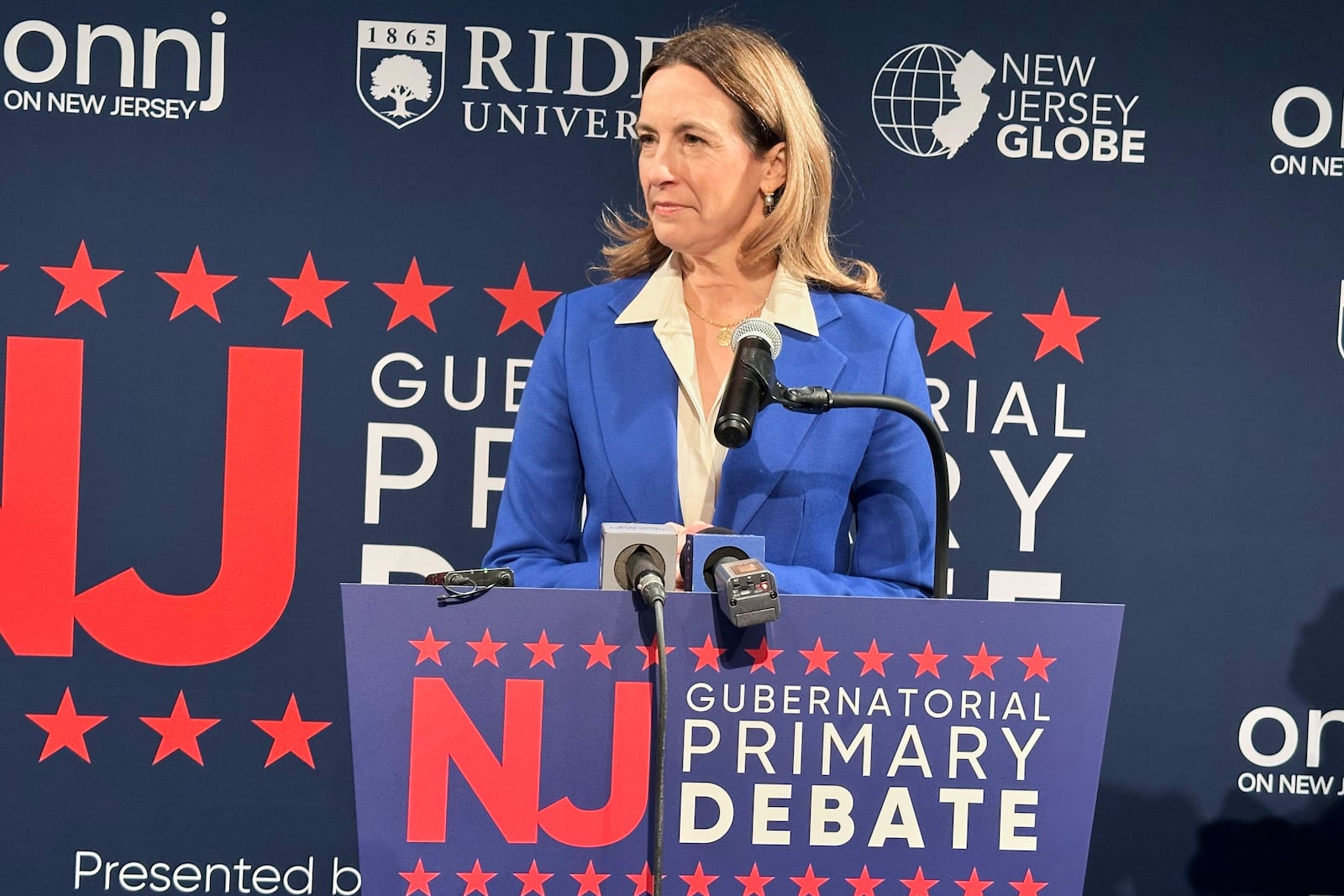 FILE - U.S. Rep. Mikie Sherrill speaks after the Democratic gubernatorial debate at Rider University in Lawrenceville, N.J., on Feb. 2, 2025. (AP photo/Mike Catalini, File)