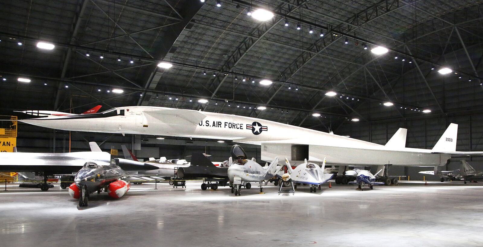 The 183-foot-long North American XB-70 Valkyrie towers over other X-planes in the fourth building of the National Museum of the U.S. Air Force. Aircraft from the Presidential, Research and Development, Space and Global Reach Galleries are inside the hangar. TY GREENLEES / STAFF