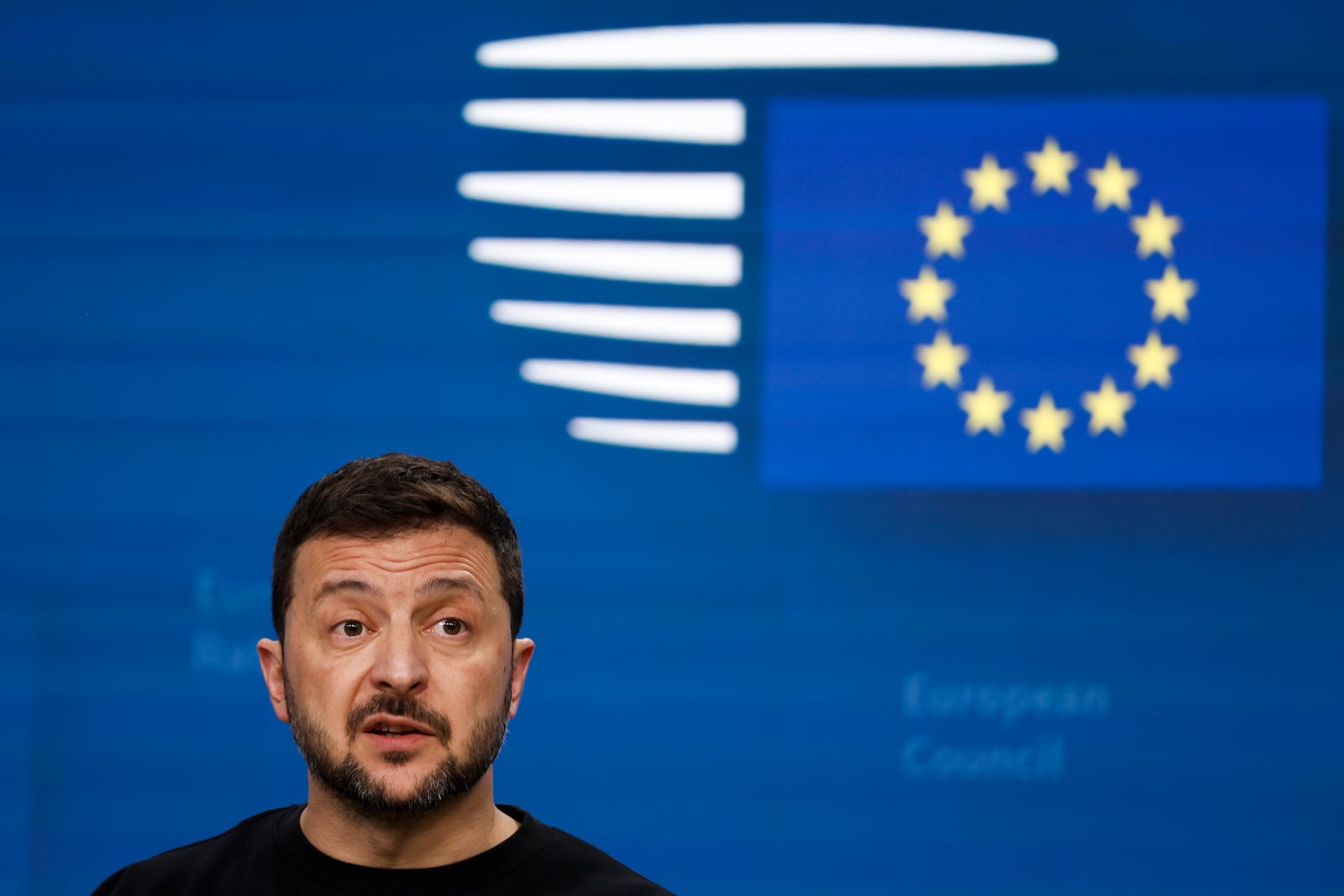 Ukraine's President Volodymyr Zelenskyy talks to journalists during a press conference at an EU summit in Brussels, Thursday, Oct. 17, 2024. (AP Photo/Omar Havana)