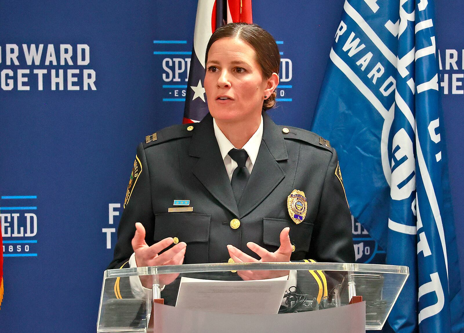 Capt. Allison Elliott, the new Springfield Police Chief, speaks during a press conference announcing her position Monday, Dec. 19, 2022 during a press conference at City Hall. BILL LACKEY/STAFF