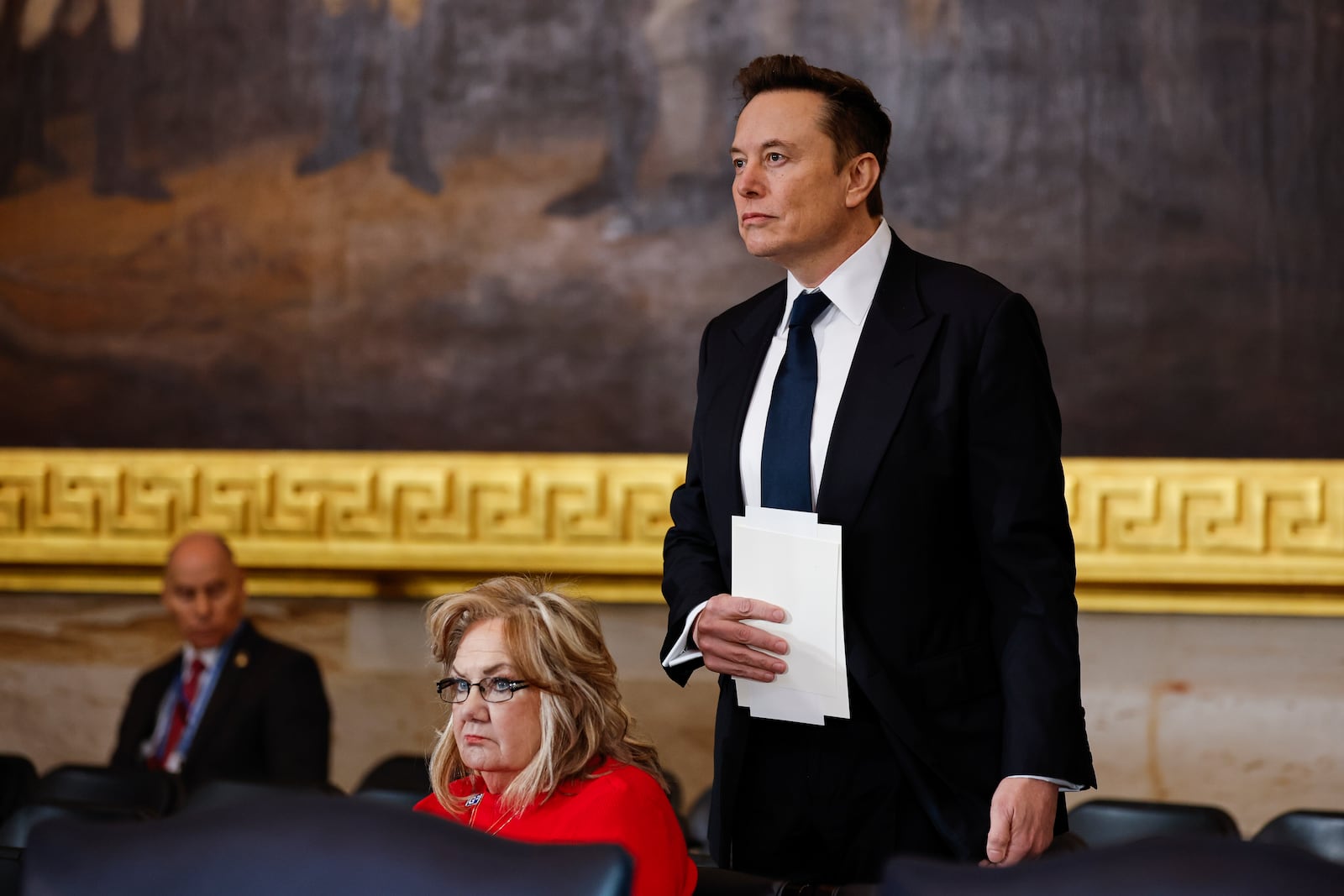 Elon Musk arrives before the 60th Presidential Inauguration in the Rotunda of the U.S. Capitol in Washington, Monday, Jan. 20, 2025. (Chip Somodevilla/Pool Photo via AP)