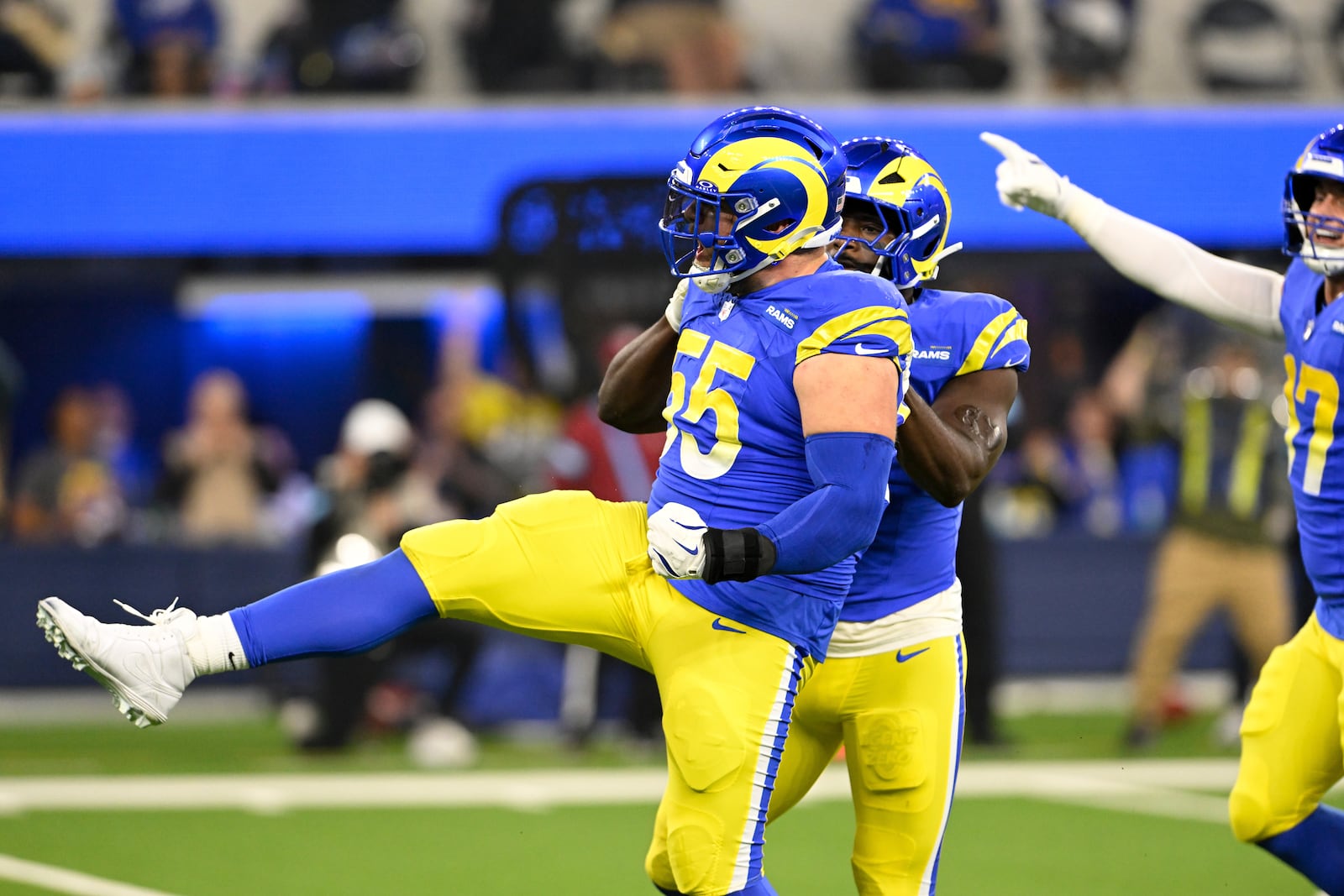 Los Angeles Rams defensive tackle Braden Fiske (55) reacts after sacking Arizona Cardinals quarterback Kyler Murray during the first half of an NFL football game Saturday, Dec. 28, 2024, in Inglewood, Calif. (AP Photo/Alex Gallardo)