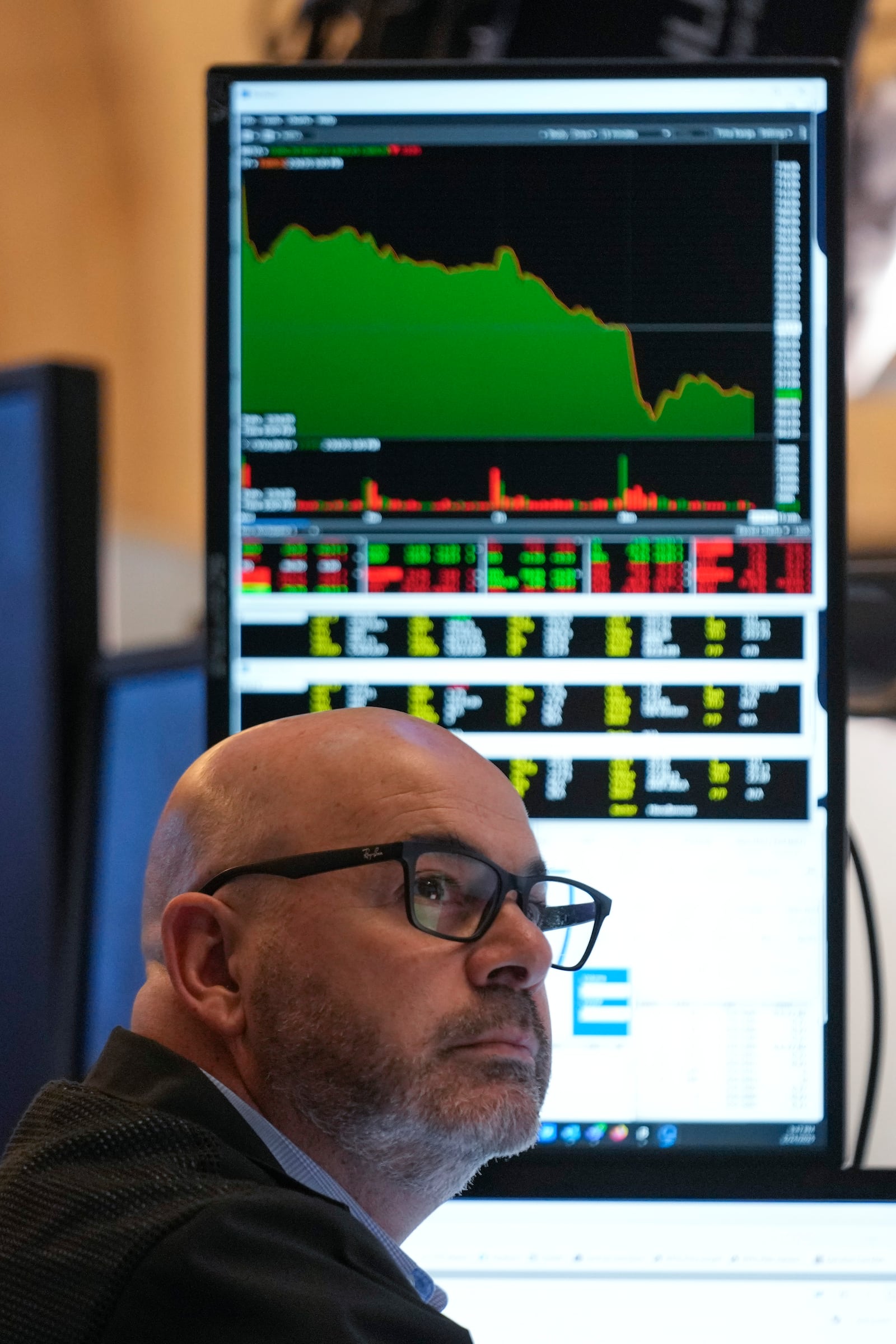 People work on the floor at the New York Stock Exchange in New York, Monday, Feb. 24, 2025. (AP Photo/Seth Wenig)