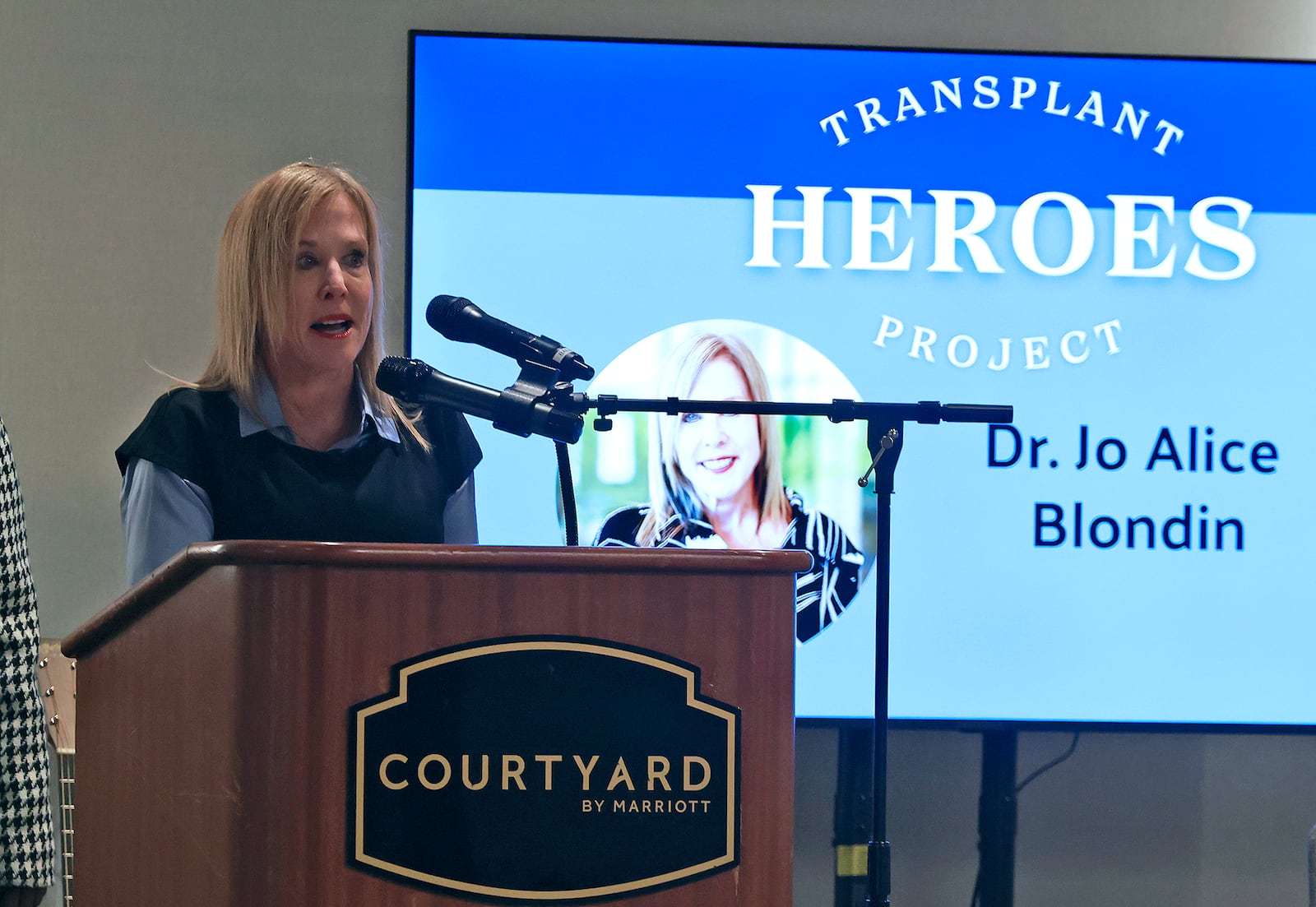 Dr. Jo Alice Blondin speaks during the Mayor's Breakfast after being honored as a Transplant Hero Thursday, Nov. 21, 2024. BILL LACKEY/STAFF