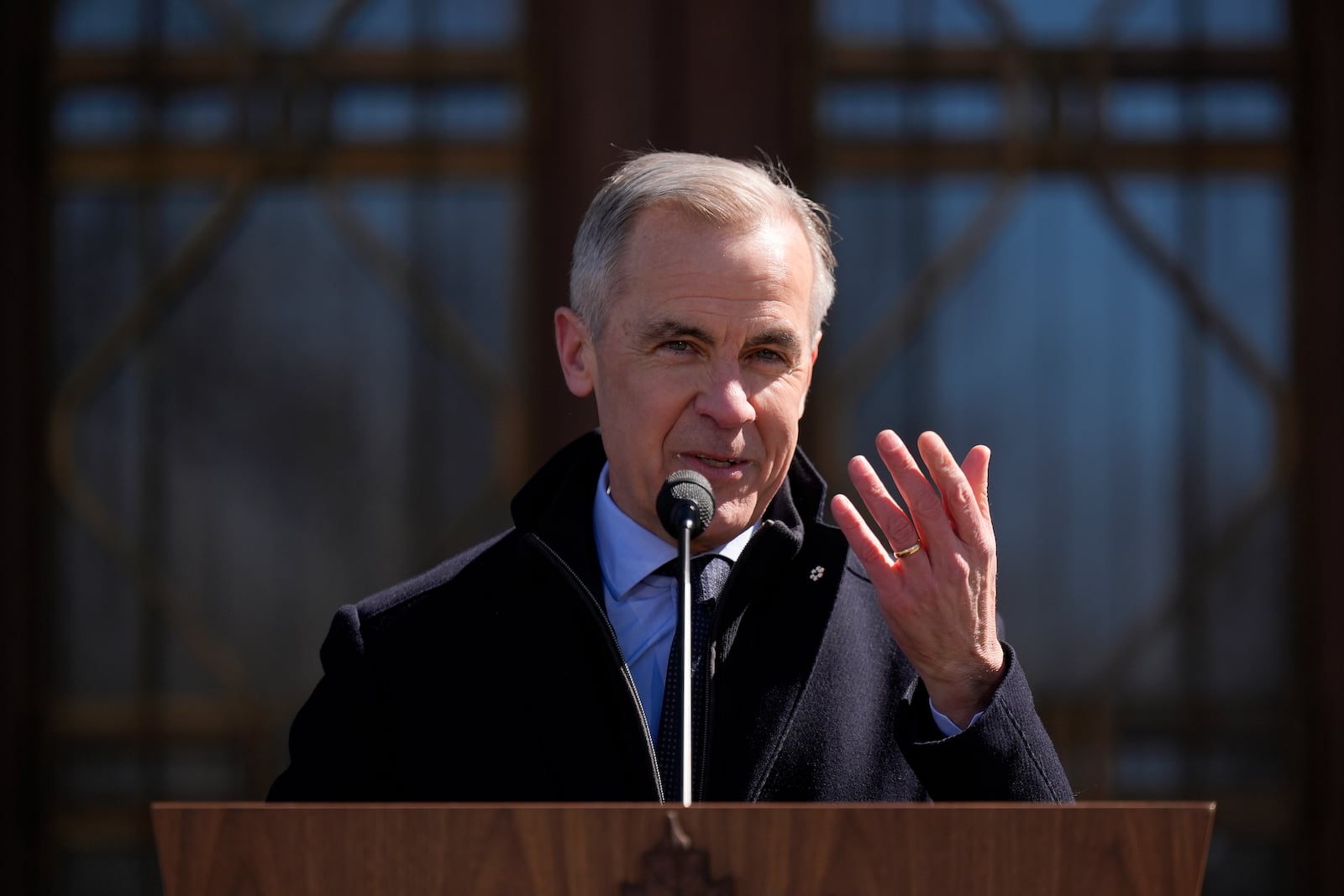 Prime Minister Mark Carney speaks to media at Rideau Hall, where he asked the Governor General to dissolve Parliament and call an election, in Ottawa, Sunday, March 23, 2025. (Adrian Wyld /The Canadian Press via AP)