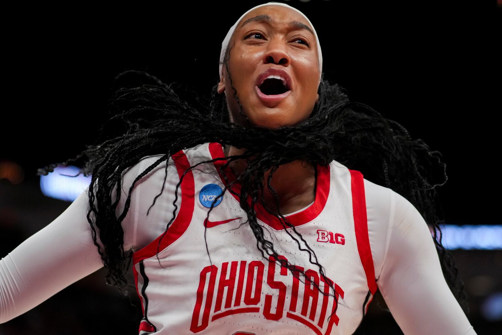 Ohio State forward Cotie McMahon reacts after being called for a foul during the first half of a second-round college basketball game against Duke in the women's NCAA Tournament, Sunday, March 24, 2024, in Columbus, Ohio. (AP Photo/Aaron Doster)