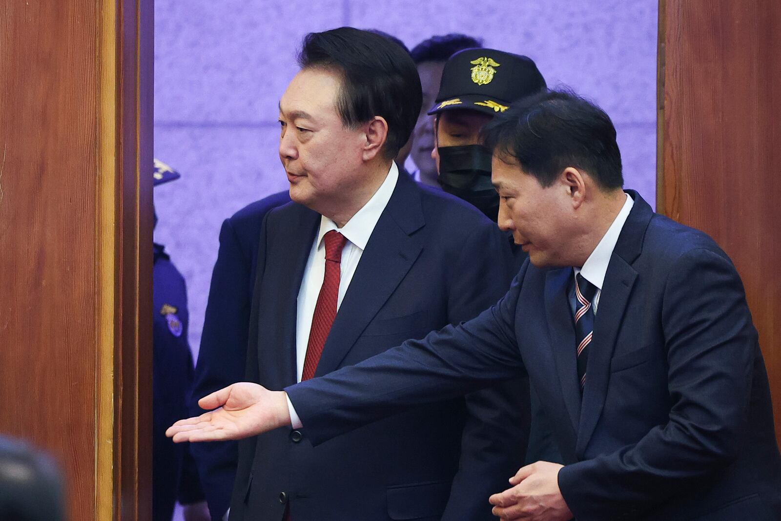 Impeached South Korean President Yoon Suk Yeol arrives for his impeachment trial at the Constitutional Court in Seoul, South Korea, Tuesday, Jan. 21, 2025. (Kim Hong-Ji/Pool Photo via AP)