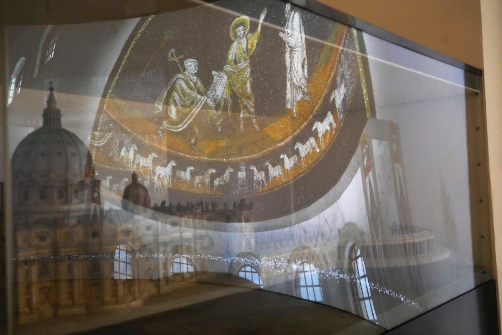 A model St. Peter's basilica is displayed during the preview to the press of the exhibition 'Petros eni', which is part of the project "St. Peter's Basilica: AI-Enhanced Experience" at the Vatican, Saturday, Nov. 9, 2024. (AP Photo/Gregorio Borgia)