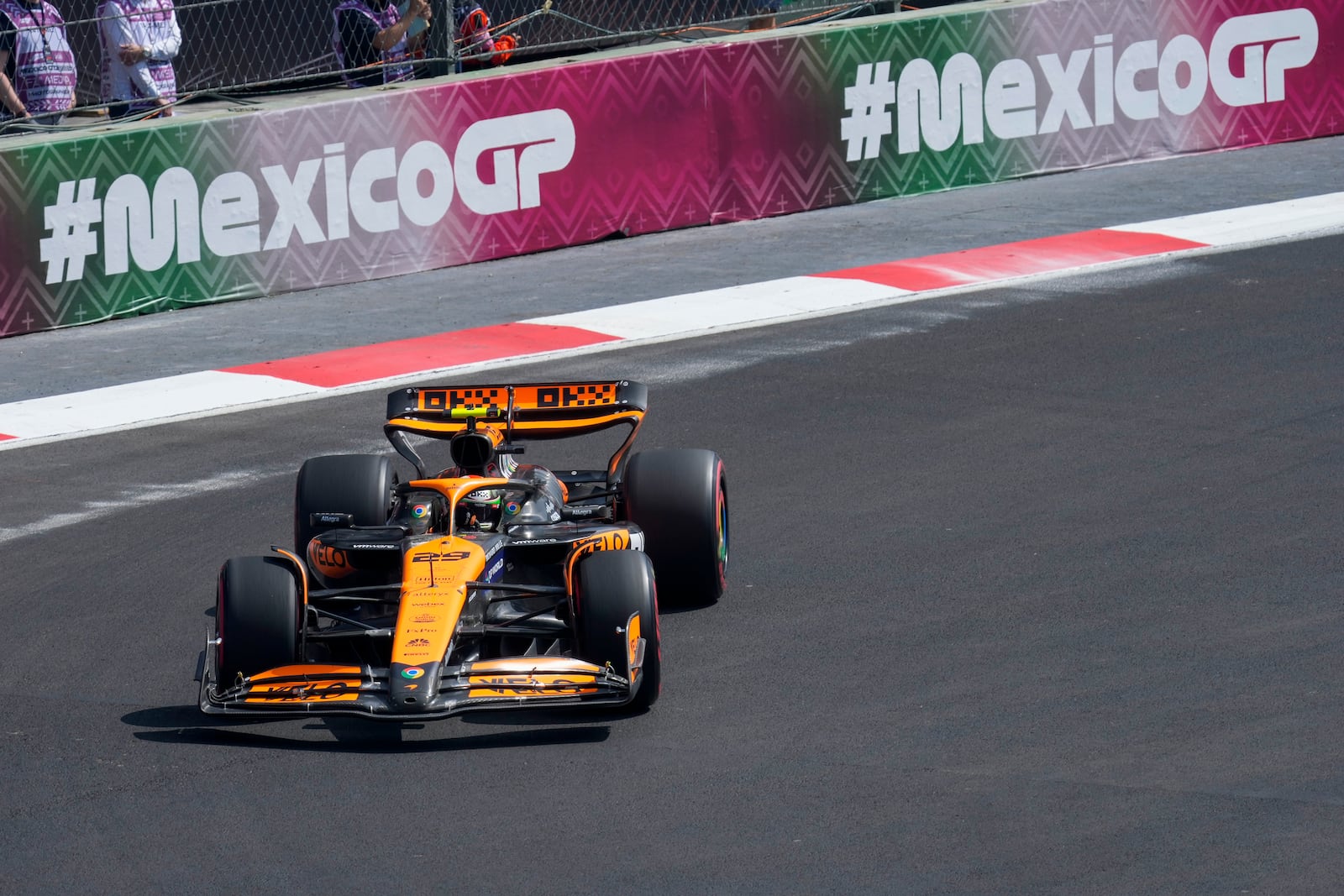 McLaren driver Pato O'Ward, of Mexico, steers his car during the first free practice ahead of the Formula One Mexico Grand Prix auto race at the Hermanos Rodriguez racetrack in Mexico City, Friday, Oct. 25, 2024. (AP Photo/Moises Castillo)