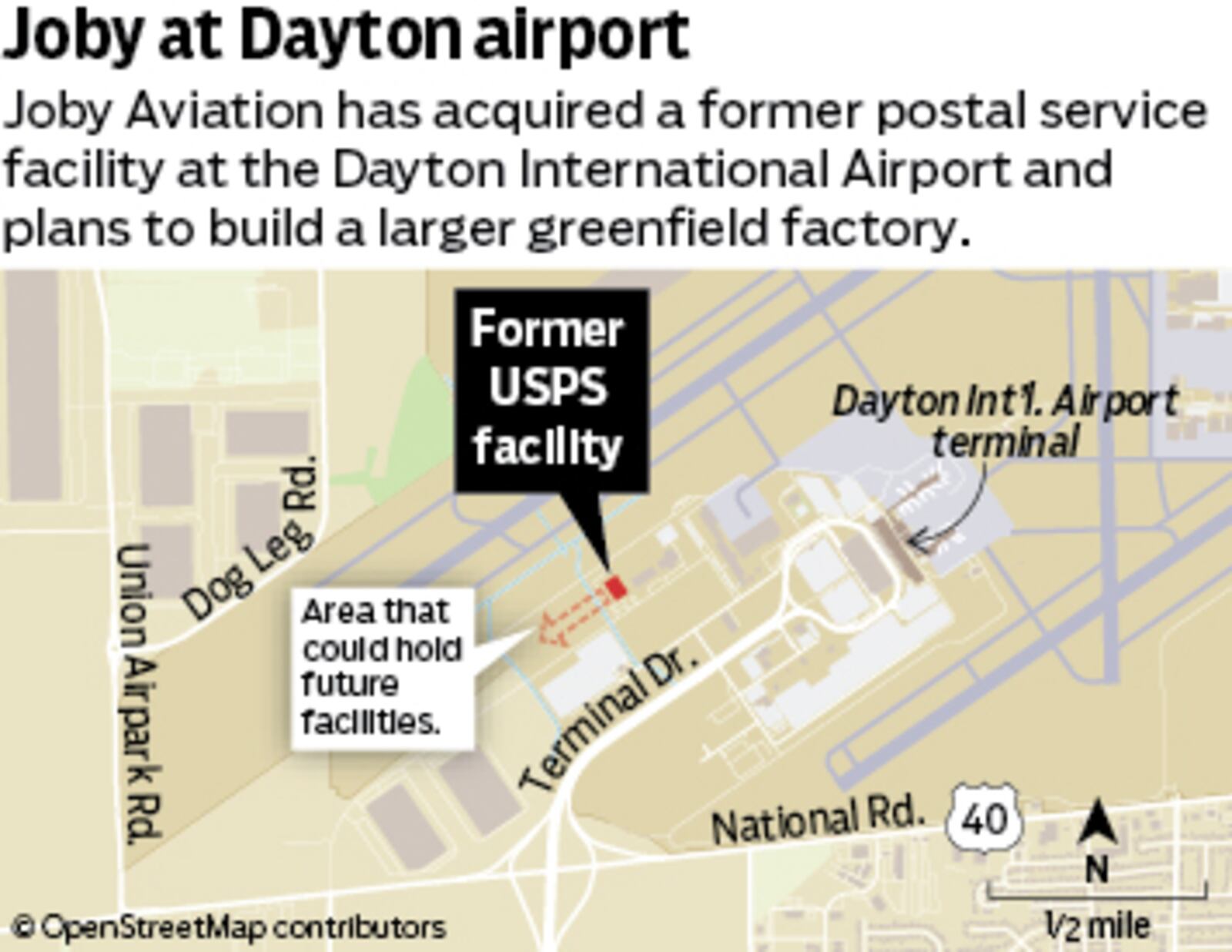 Joby Aviation has acquired a former U.S. Post Office facility at the Dayton International Airport that it will use to make aircraft components. STAFF