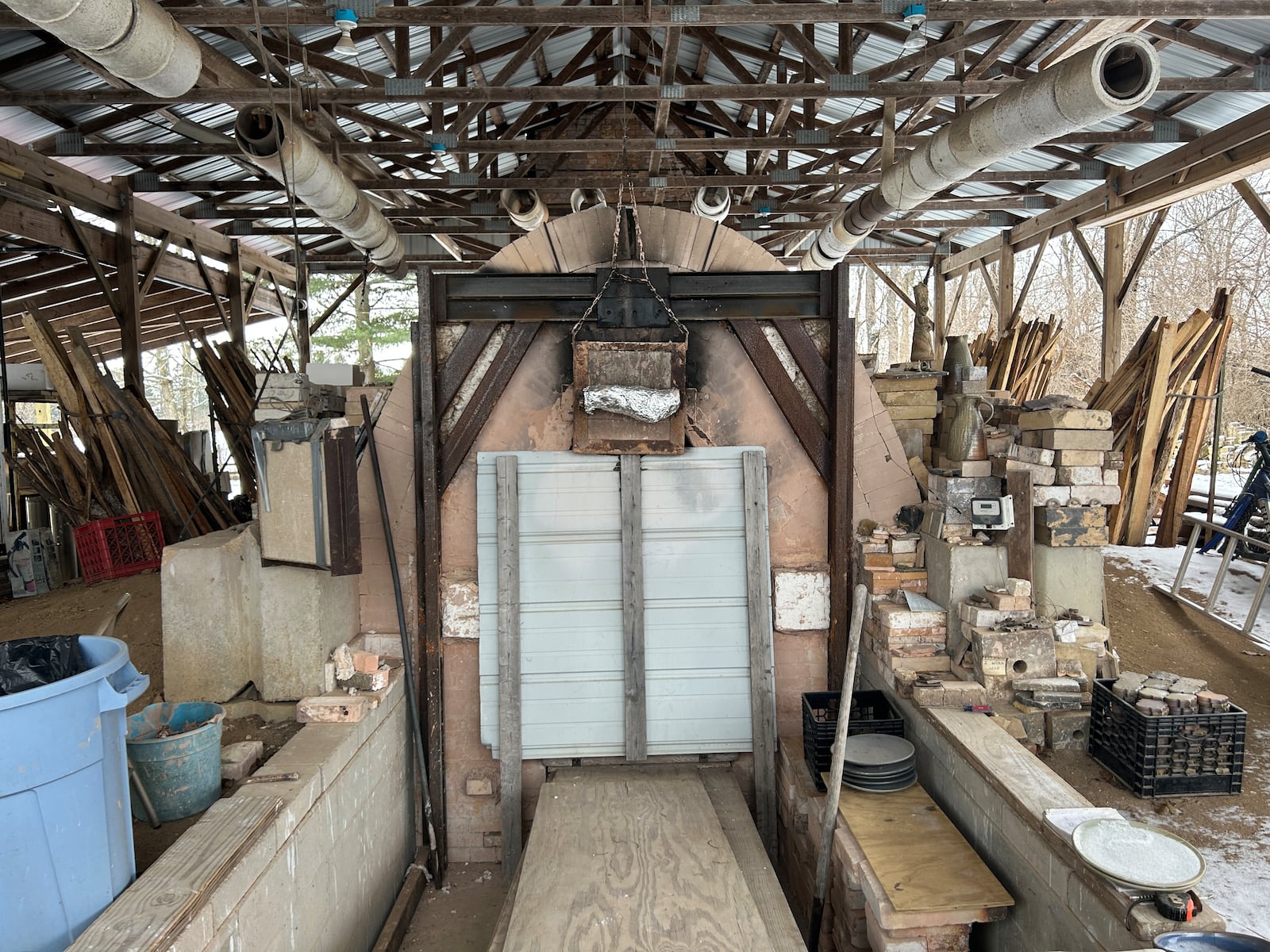 The wood fire kiln built by potter Naysan Mcllhargey and his stepfather. It is the largest wood kiln in Ohio and reaches 2500 degrees.