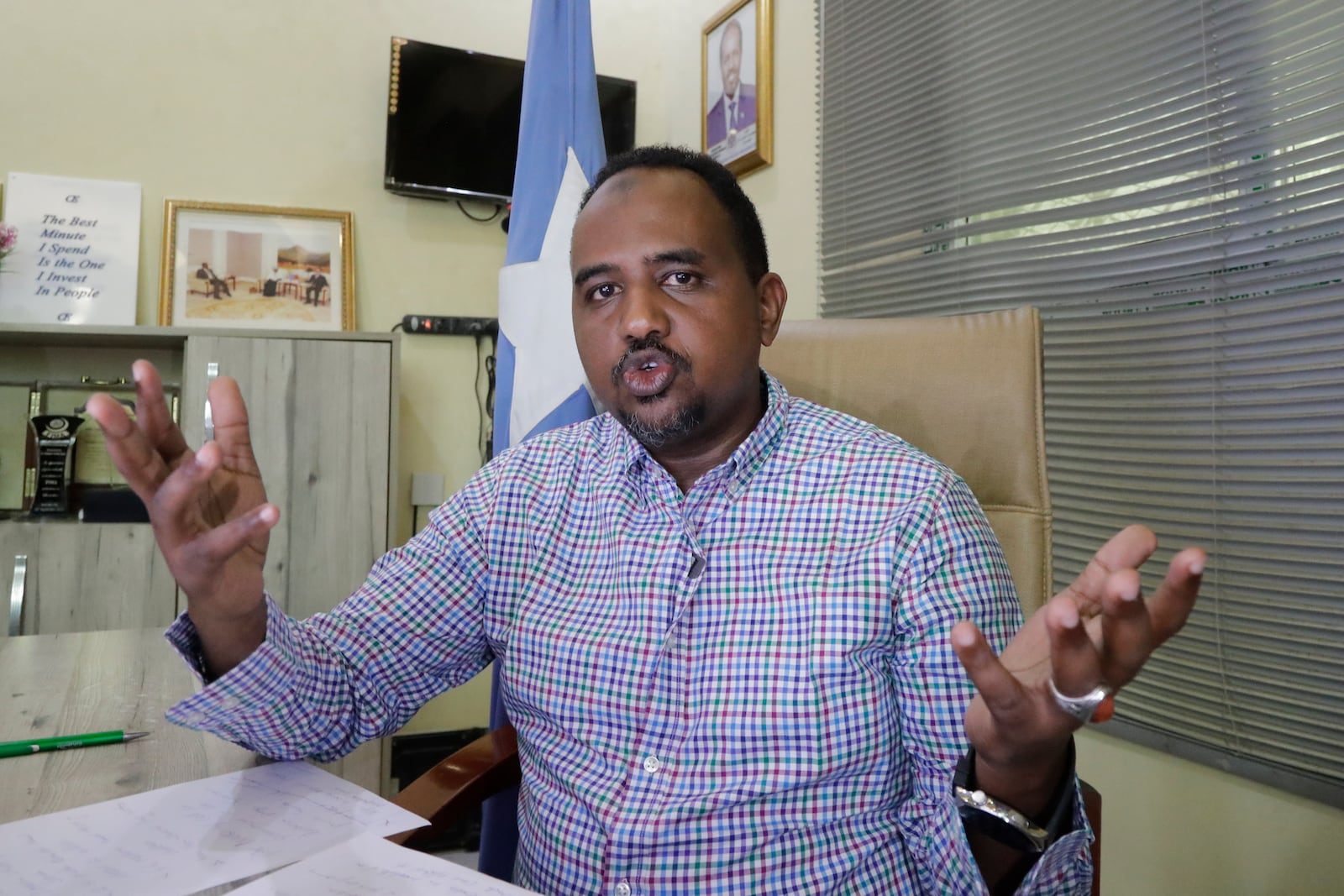 Ayan Ali Hussein, chairman of the Dooxdoox IDP camp speaks during an interview with Associated Press on the outskirts of Mogadishu, Somalia Wednesday, Feb. 5, 2025. (AP Photo/Farah Abdi Warsameh)