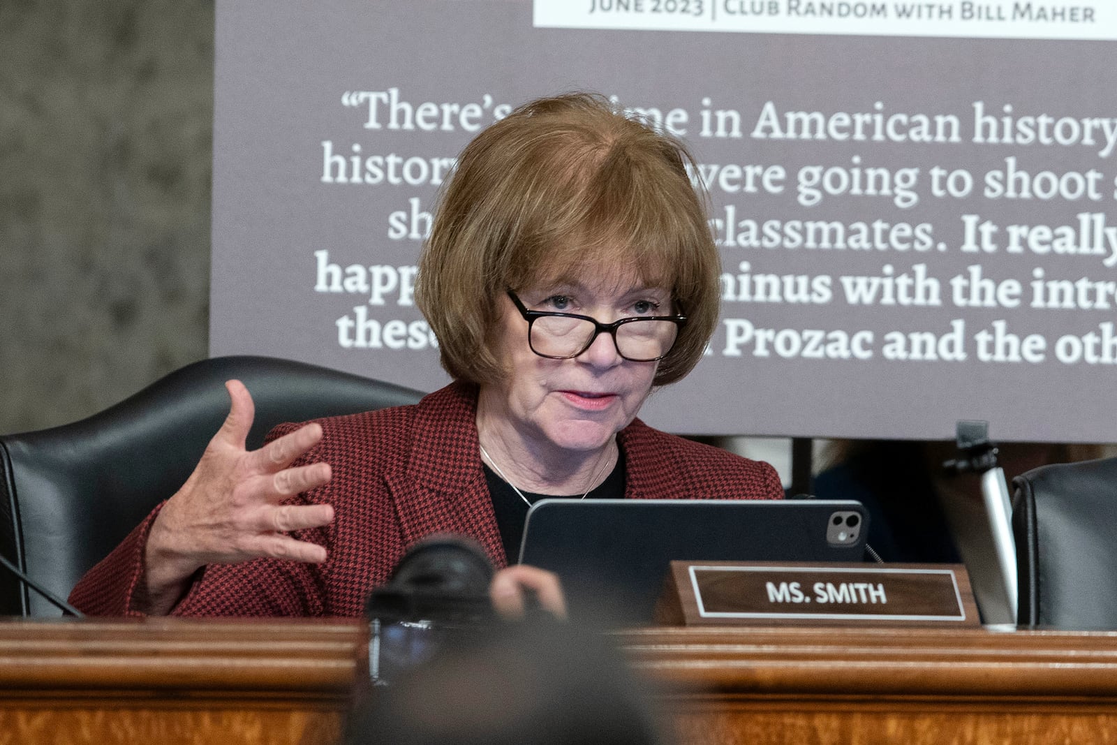 Sen. Tina Smith, D-Minn., questions Robert F. Kennedy Jr., President Donald Trump's choice to be the Secretary of Health and Human Services, as he testifies before the Senate Finance Committee during his confirmation hearing, at the Capitol in Washington, Wednesday, Jan. 29, 2025. (AP Photo/Jose Luis Magana)