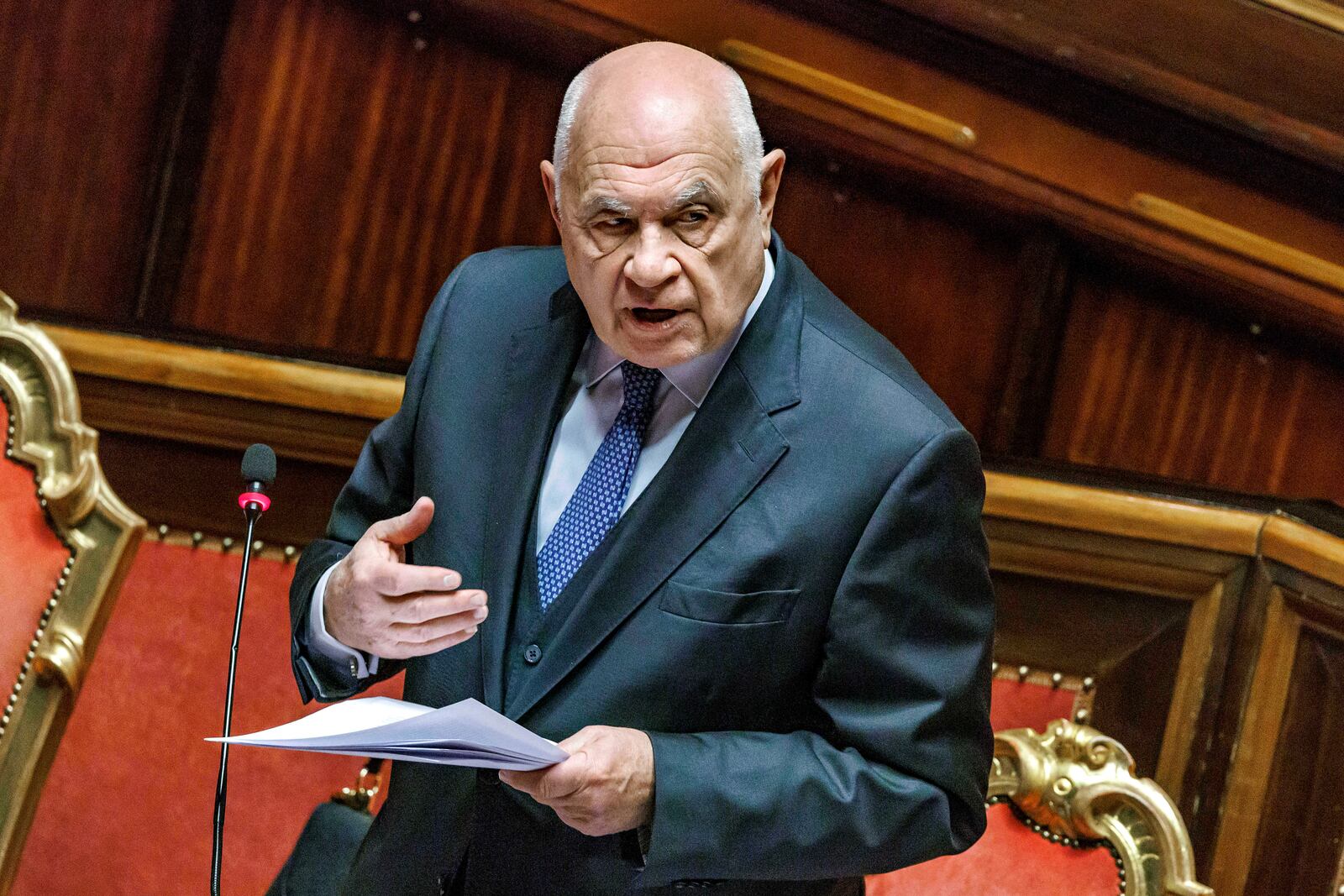 Justice Minister Carlo Nordio addresses the Senate during the report on the justice administration, in Rome, Wednesday, Jan. 22, 2025. (Roberto Monaldo//LaPresse via AP)