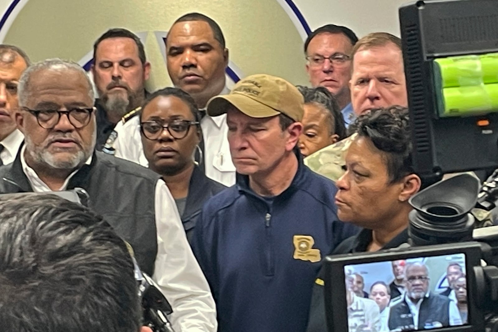 From left, US Rep. Troy Carter addresses media as Gov. Jeff Landry,center and mayor LaToya Cantrell listen in New Orleans on Wednesday, Jan. 1, 2025. (AP Photo/Kevin McGill)