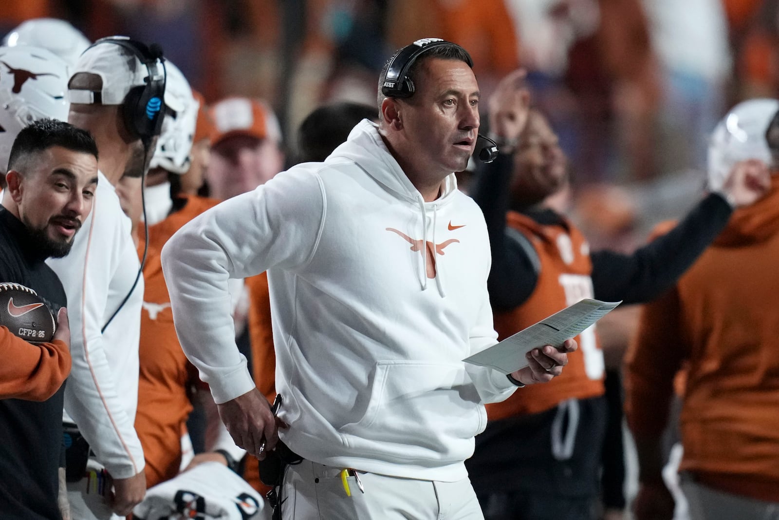 Texas head coach Steve Sarkisian watches from the sideline during the second half against Clemson in the first round of the College Football Playoff, Saturday, Dec. 21, 2024, in Austin, Texas. (AP Photo/Eric Gay)