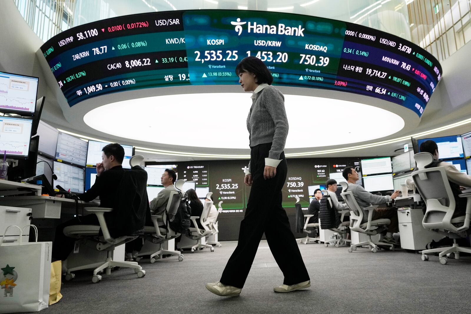 A currency trader passes by a screen showing the Korea Composite Stock Price Index (KOSPI), top center left, and the foreign exchange rate between U.S. dollar and South Korean won, top center, at the foreign exchange dealing room of the KEB Hana Bank headquarters in Seoul, South Korea, Tuesday, Feb. 11, 2025. (AP Photo/Ahn Young-joon)