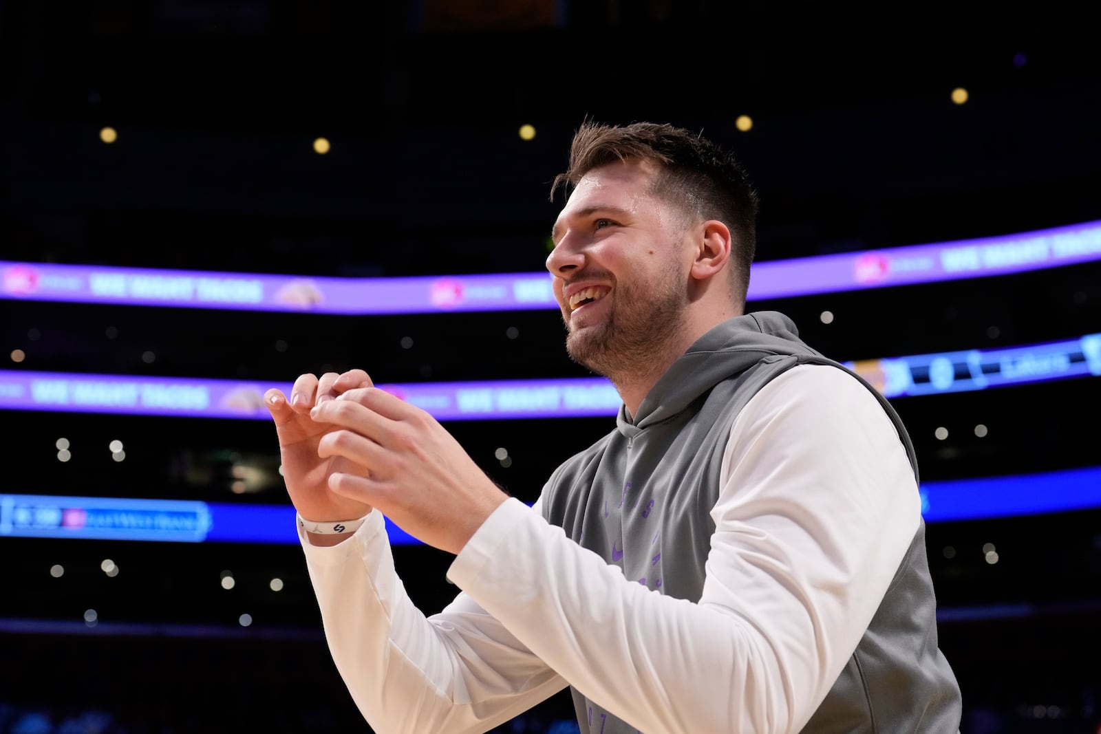 Los Angeles Lakers guard Luka Doncic warms up before an NBA basketball game against the Utah Jazz, Monday, Feb. 10, 2025, in Los Angeles. (AP Photo/Mark J. Terrill)