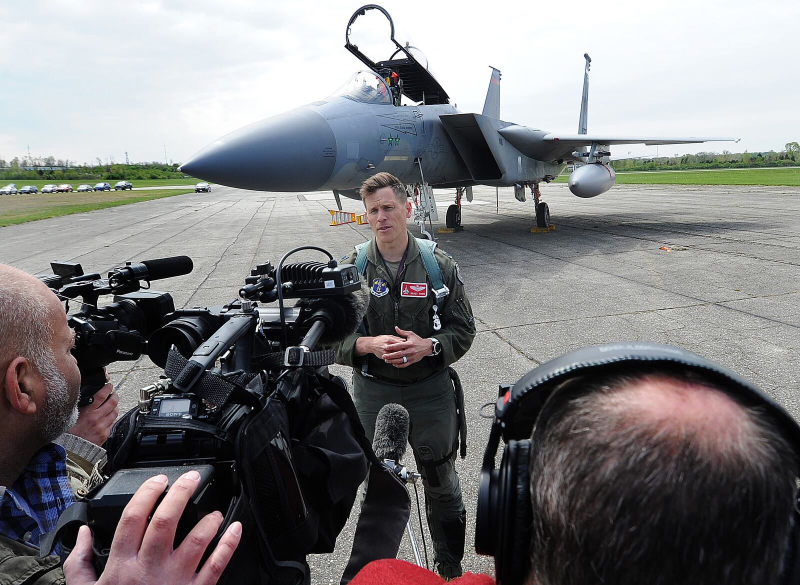 Pilot Maj. Matthew 'Beast' Tanis talks with the media Tuesday, April 25, 2023 at Wright Patterson Air Force Base about the F-15C Eagle that he delivered from a Massachusetts Air National Guard base to the Museum of the United States Air Force.
MARSHALL GORBY\STAFF