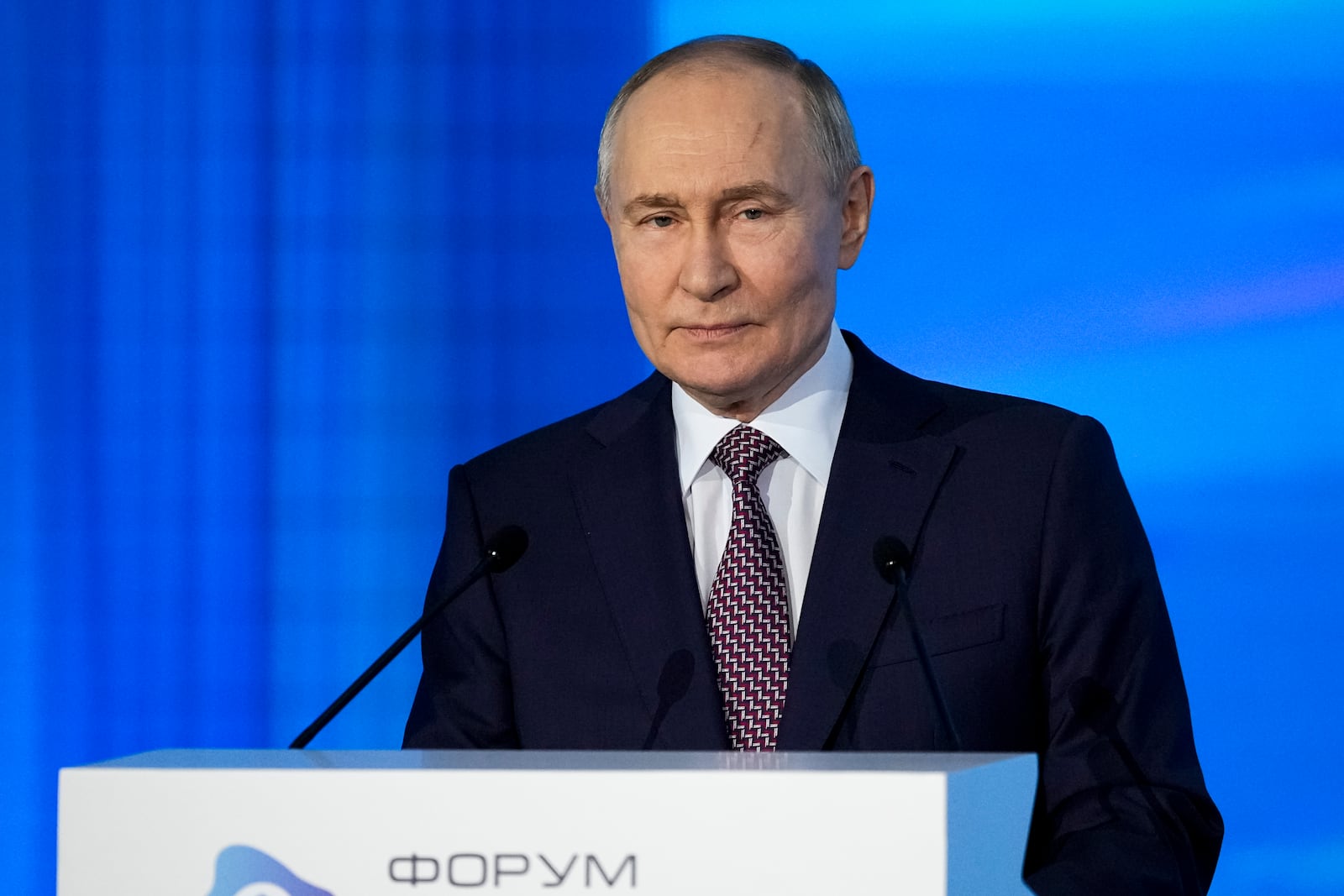 Russian President Vladimir Putin addresses a Technology Forum in Moscow, Russia, Friday, Feb. 21, 2025. (AP Photo/Pavel Bednyakov)