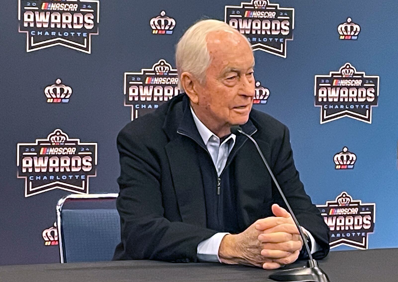 Car owner Roger Penske speaks ahead of the NASCAR awards ceremony in Charlotte N.C., Friday, Nov. 22, 2024. (AP Photo/Steve Reed)