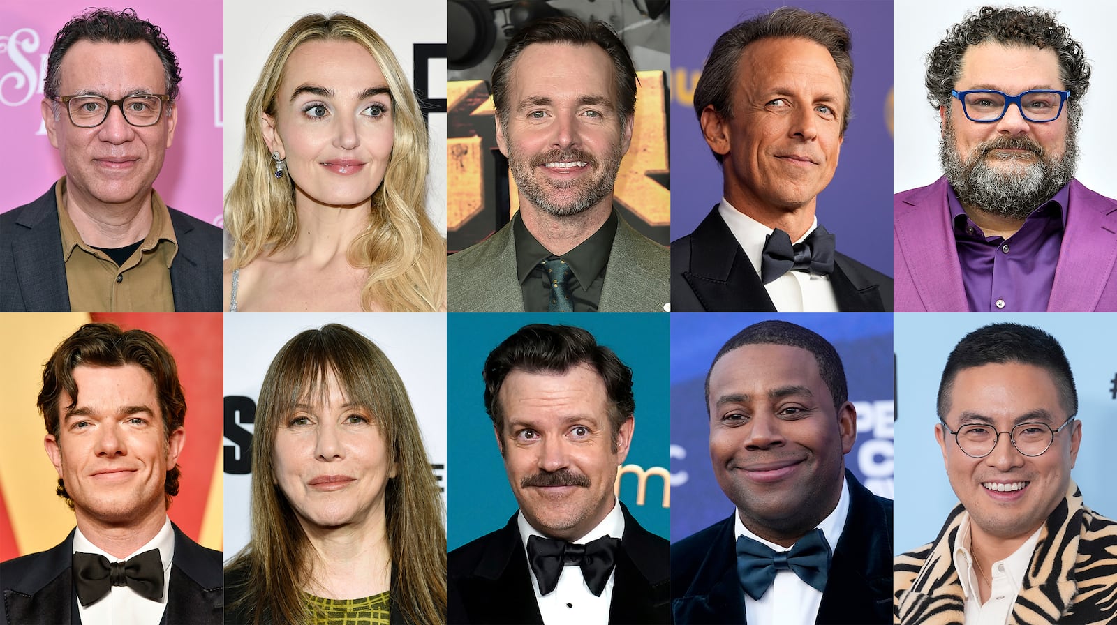 This combination of photos shows current and former members of "Saturday Night Live," top row from left, Fred Armisen, Chloe Fineman, Will Forte, Seth Meyers, Bobby Moynihan, bottom row from left, John Mulaney, Laraine Newman, Jason Sudeikis, Kenan Thompson and Bowen Yang. (AP Photo)