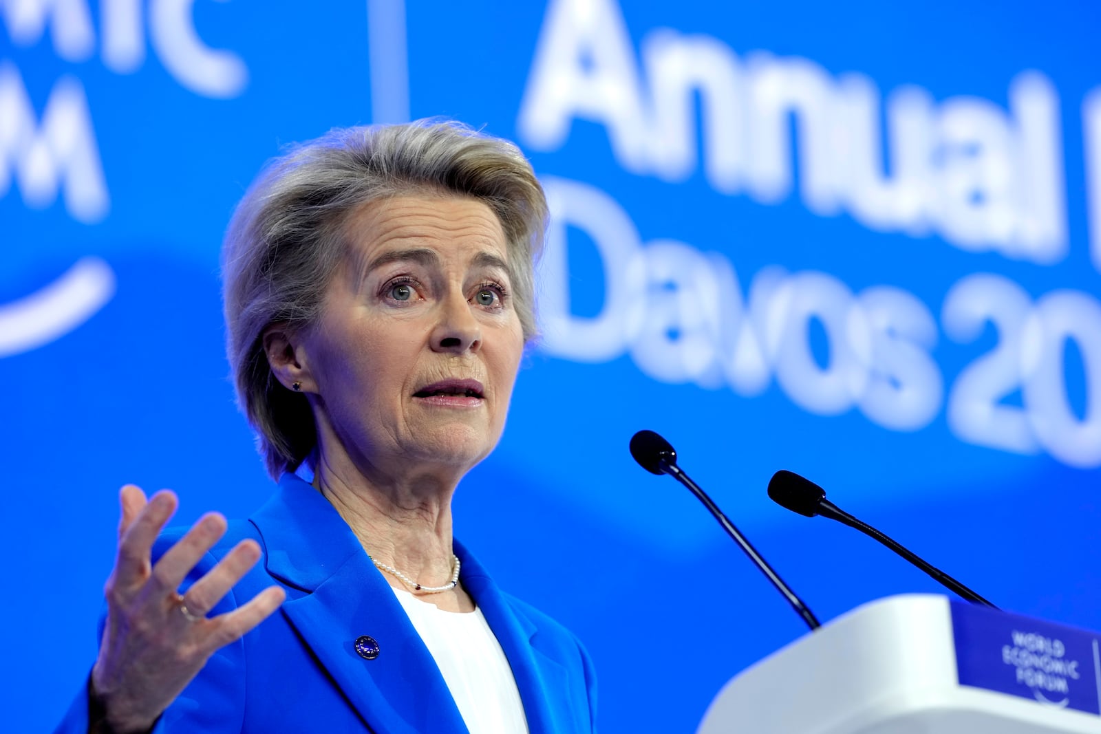 Ursula von der Leyen, President of the European Commission, speaks at the Annual Meeting of World Economic Forum in Davos, Switzerland, Tuesday, Jan. 21, 2025. (AP Photo/Markus Schreiber)