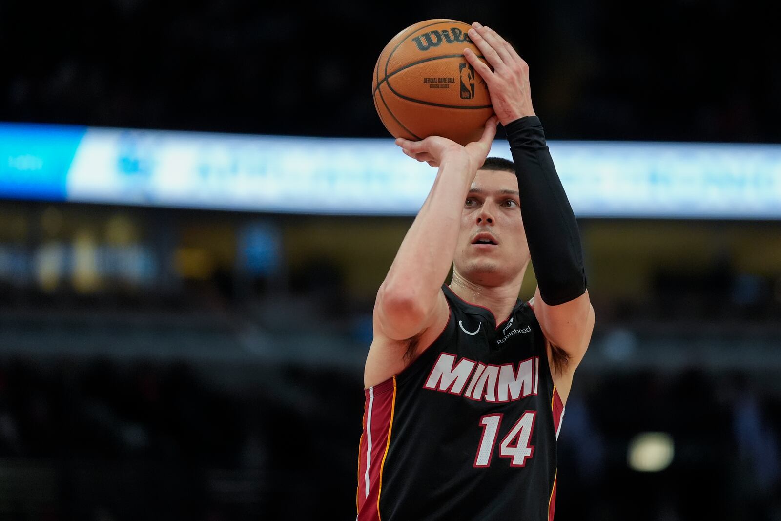 Miami Heat guard Tyler Herro (14) takes a free throw during the first half of an NBA basketball game against the Chicago Bulls, Tuesday, Feb. 4, 2025, in Chicago. (AP Photo/Erin Hooley)