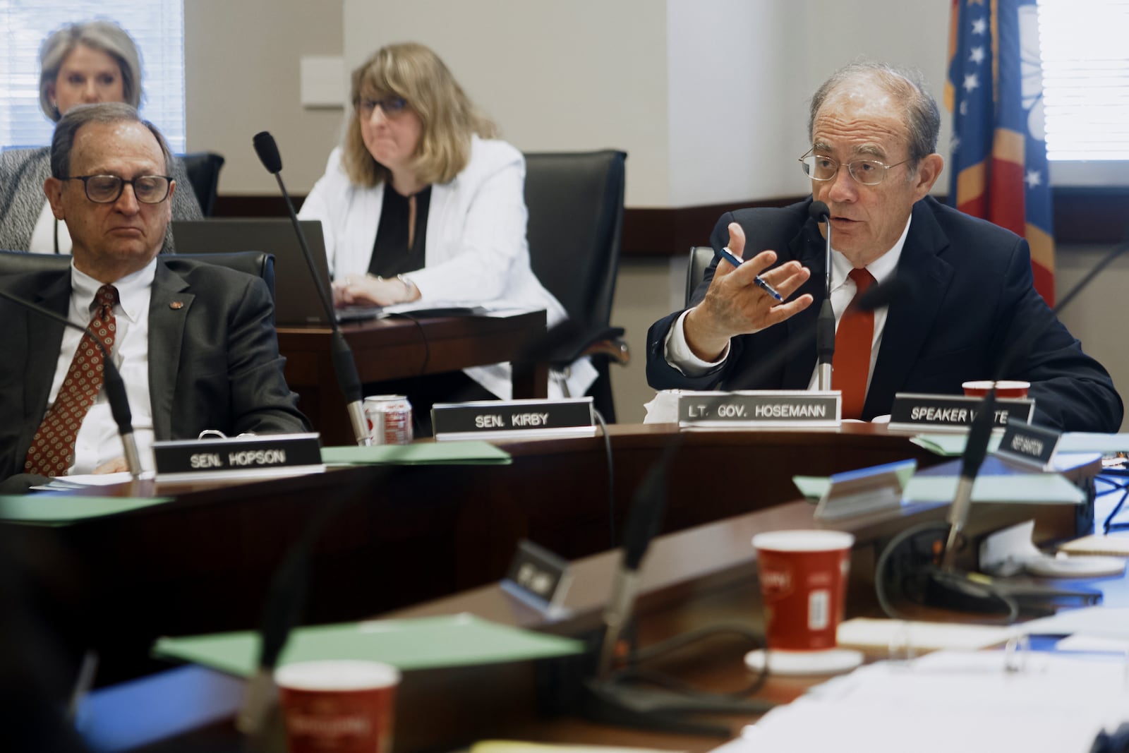 Sen. Dean Kirby, R-Pearl, left, listens as Republican Lt. Gov. Delbert Hosemann speaks during a Mississippi Joint Legislative Budget Committee meeting at the Woolfolk state office building Sept. 26, 2024, in Jackson, Miss. (AP Photo/Justin Hardiman)