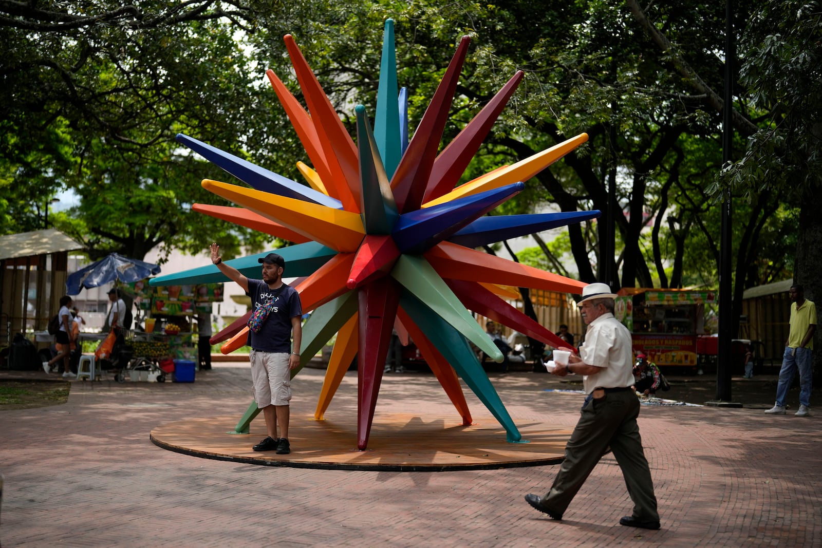 A sculpture adorns the green zone, a day ahead of the COP16 United Nations biodiversity conference, in host city Cali, Colombia, Saturday, Oct. 19, 2024. (AP Photo/Fernando Vergara)