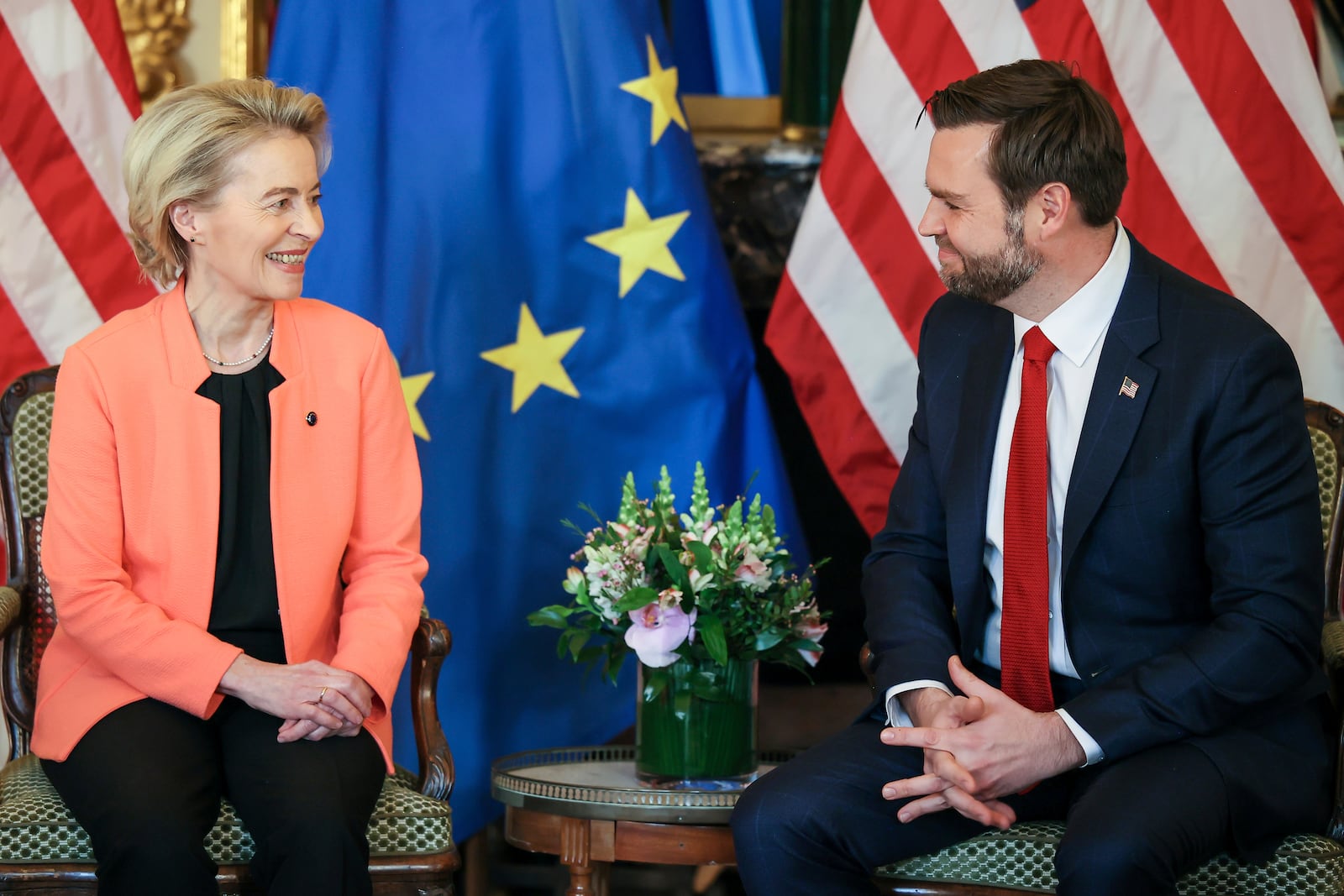 United States Vice-President JD Vance, right, meets with European Commission President Ursula von der Leyen during a bilateral meeting on the sidelines of the Artificial Intelligence Action Summit in Paris, Tuesday, Feb. 11, 2025. (AP Photo/Thomas Padilla)