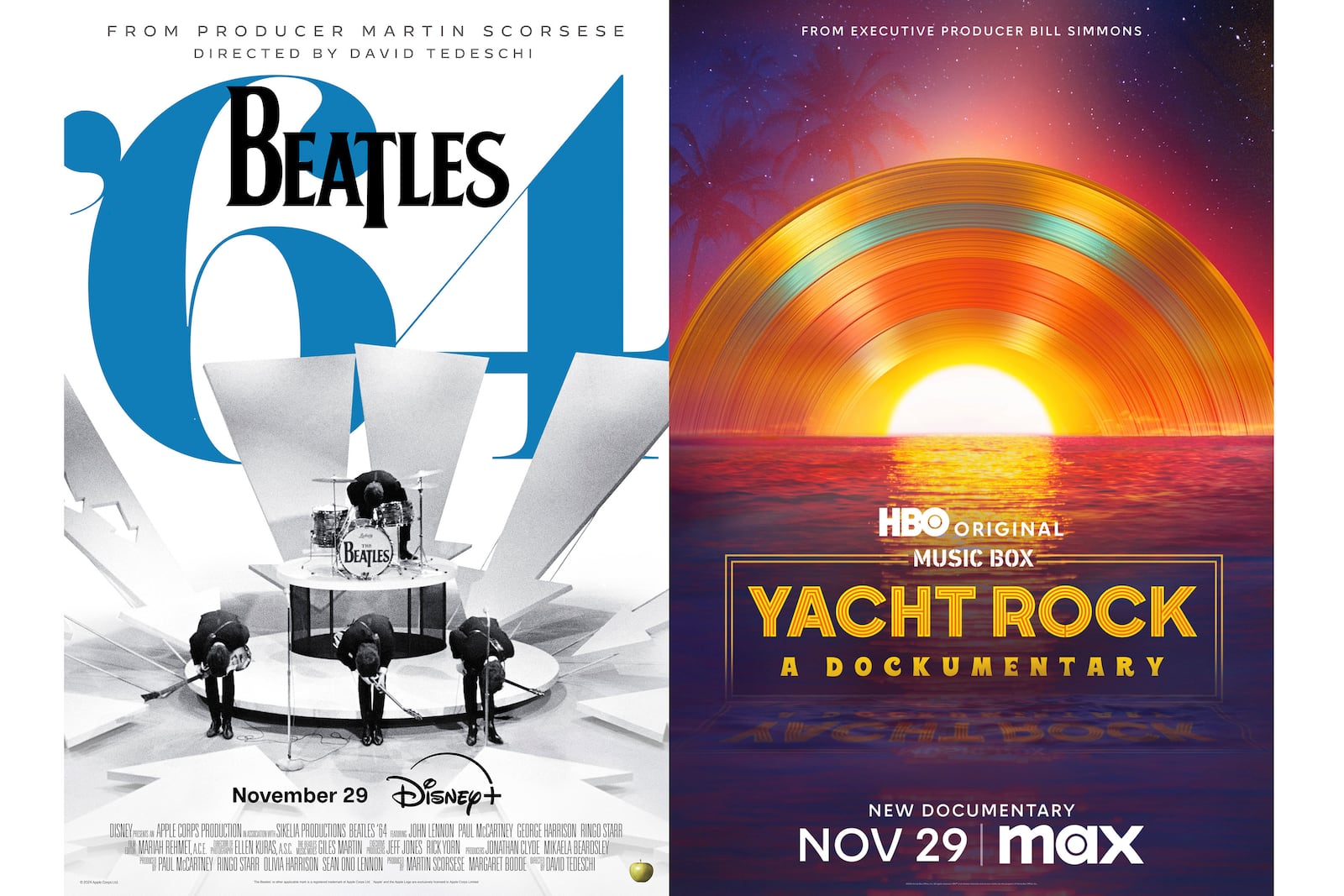 This combination of images shows promotional art for music documentaries "Beatles '64," left, and "Music Box: Yacht Rock: A Dockumentary." (Disney via AP, left, and Max via AP)