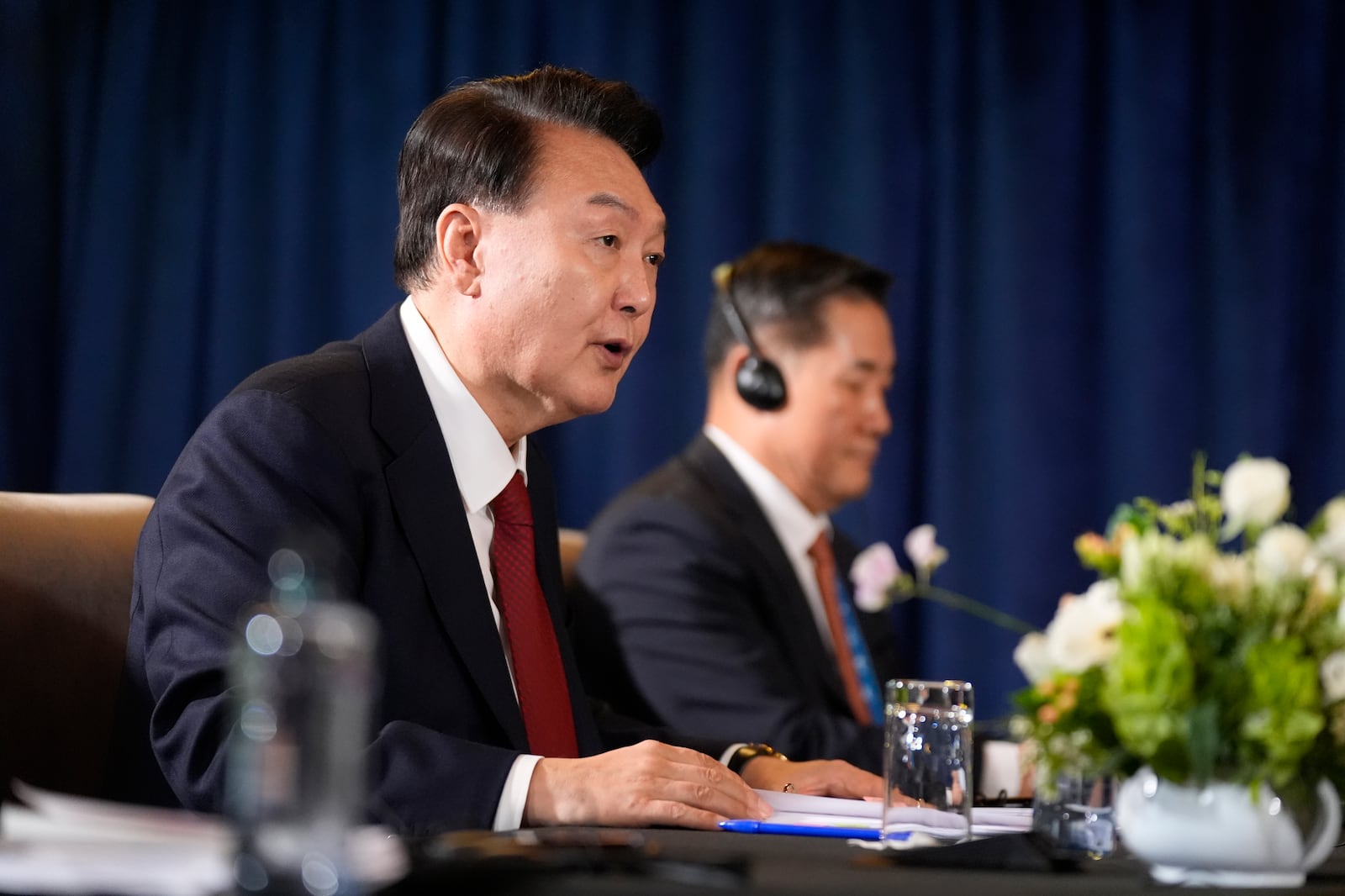 President of South Korea Yoon Suk Yeol speaks during a trilateral meeting with President Joe Biden and the Prime Minister of Japan Shigeru Ishiba in Lima, Peru, Friday, Nov. 15, 2024. (AP Photo/Manuel Balce Ceneta)