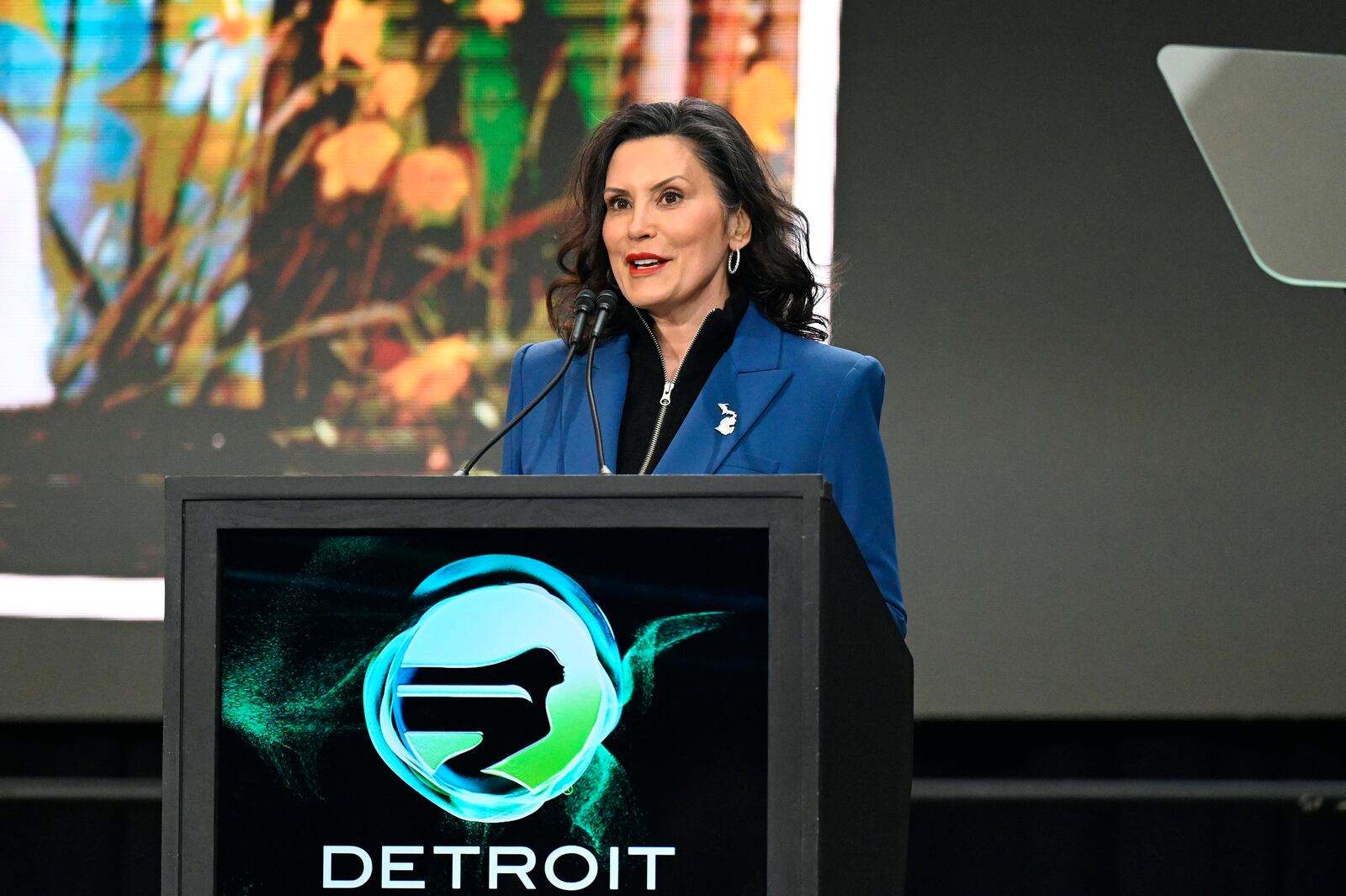 Michigan Gov. Gretchen Whitmer speaks at the Detroit Auto Show, Wednesday, Jan. 15, 2025, in Detroit. (AP Photo/Jose Juarez)