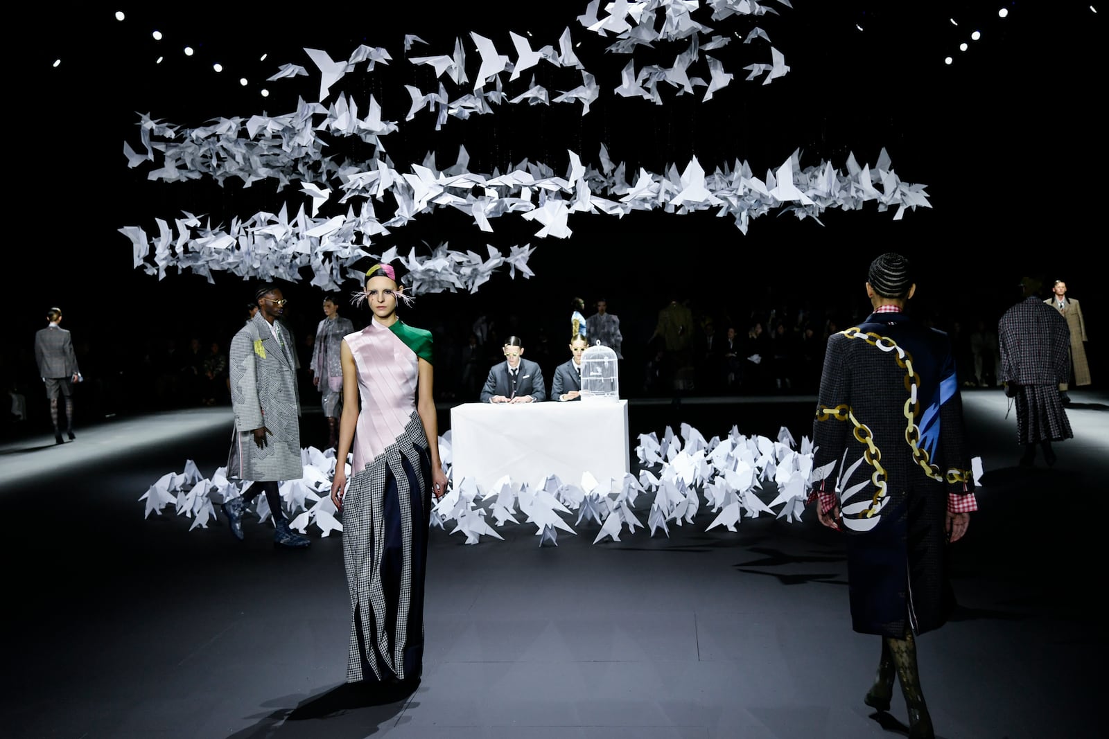 A model walks the runway during the Thom Browne Fall/Winter 2025 fashion show as part of New York Fashion Week on Tuesday, Feb. 11, 2025, at The Shed in New York. (Photo by Evan Agostini/Invision/AP)