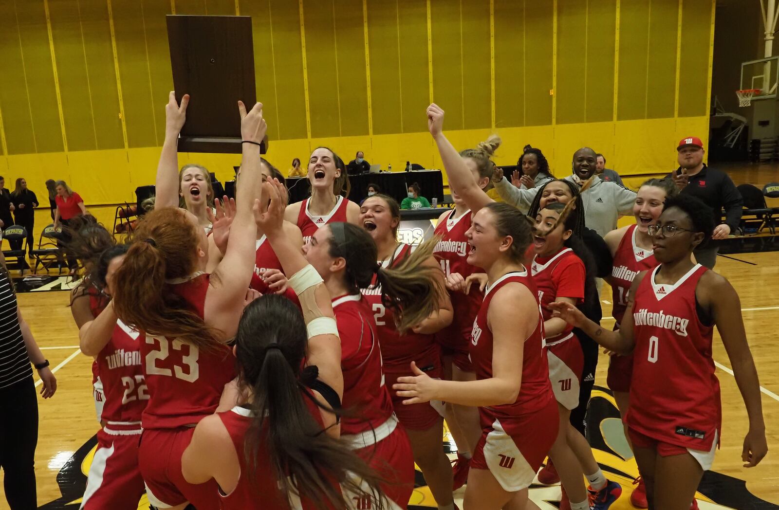 Wittenberg celebrates after winning the NCAC women's basketball championship on Saturday, Feb. 26, 2022, in Greencastle, Ind. Photo courtesy of Wittenberg