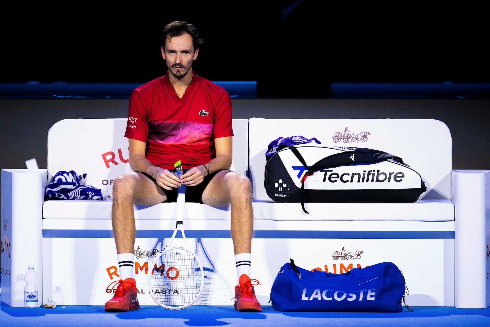 Daniil Medvedev looks on during a break in the singles tennis match of the ATP World Tour Finals against Taylor Fritz, of the United States, at the Pala Alpitour, in Turin, Italy, Sunday, Nov. 10, 2024. (Marco Alpozzi/LaPresse via AP)