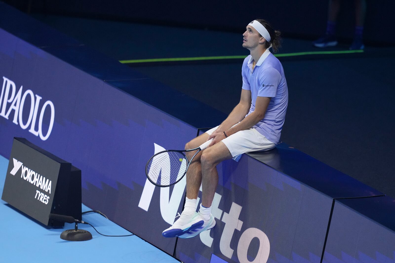 Germany's Alexander Zverev watches a video review during the semifinal tennis match against Taylor Fritz of the United States at the ATP World Tour Finals at the Inalpi Arena in Turin, Italy, Saturday, Nov. 16, 2024. (AP Photo/Antonio Calanni)