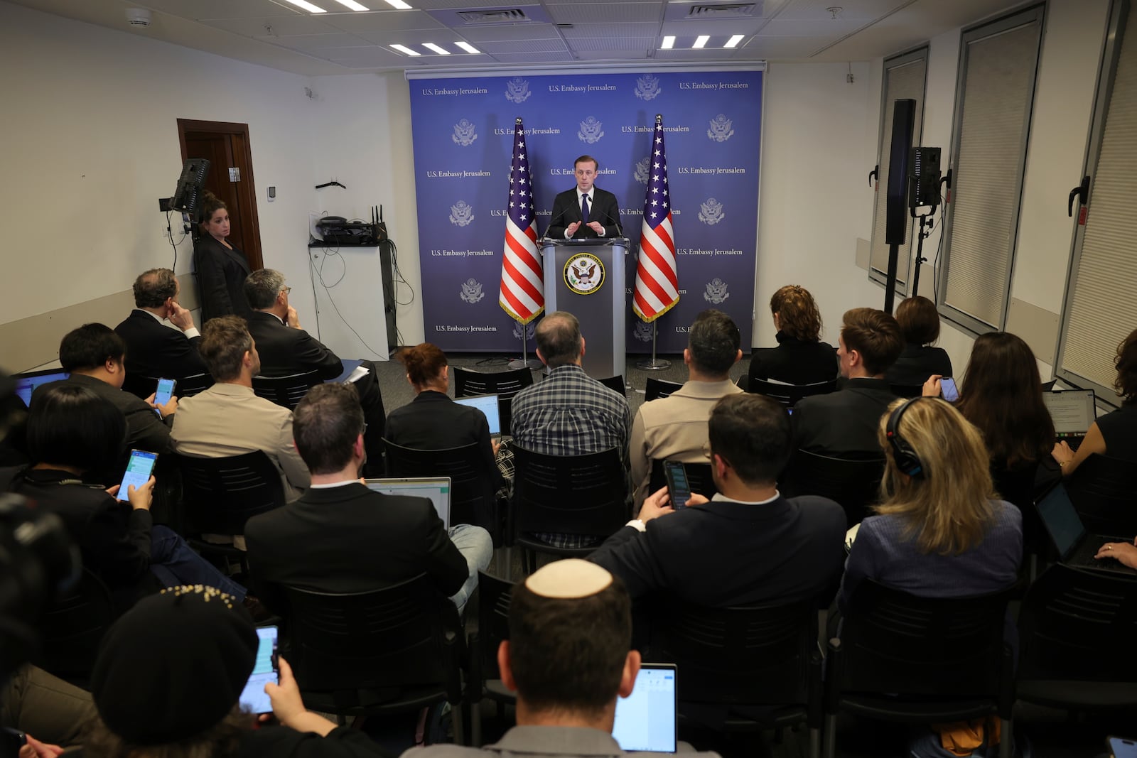 U.S National Security Advisor, Jake Sullivan, speaks during a news conference in Tel Aviv, Israel, on Thursday, Dec. 2024. (Abir Sultan/Pool via AP)