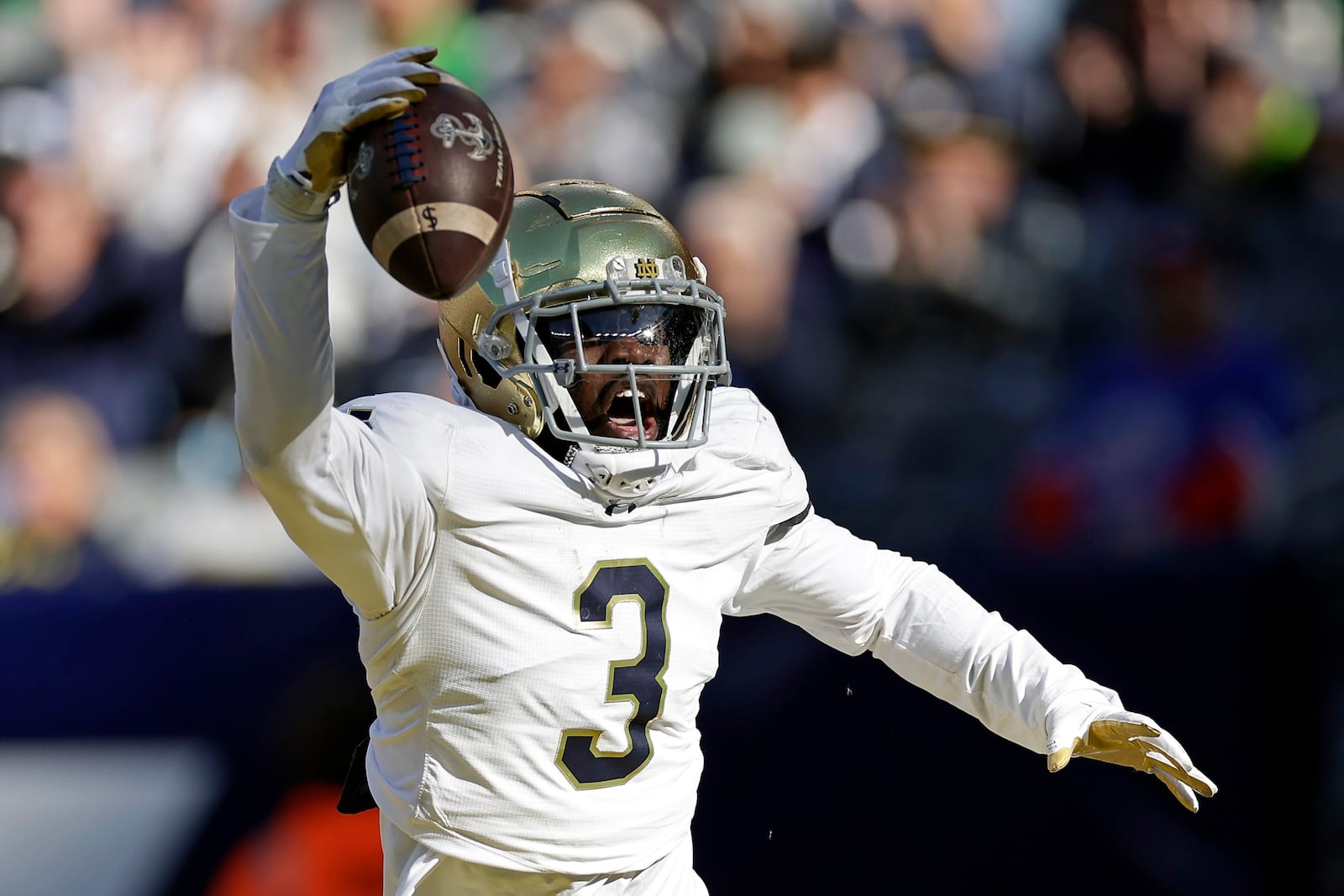 Notre Dame linebacker Jaylen Sneed (3) reacts after recovering a fumble in the end zone for a touchdown during the second half of an NCAA college football game against Navy, Saturday, Oct. 26, 2024, in East Rutherford, N.J. Notre Dame won 51-14. (AP Photo/Adam Hunger)