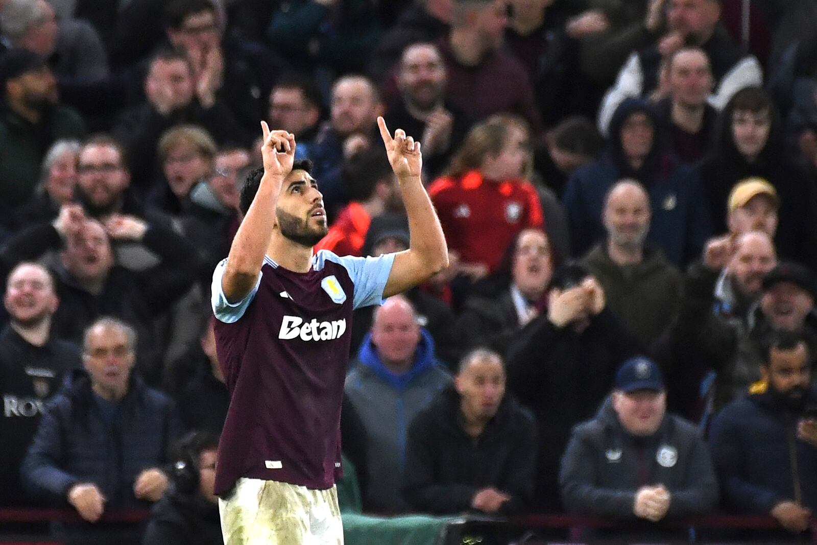 Aston Villa's Marco Asensio celebrates after scoring his second goal against Chelsea during the English Premier League soccer match between Aston Villa and Chelsea at Villa Park in Birmingham, England, Saturday, Feb. 22, 2025. (AP Photo/Rui Viera)