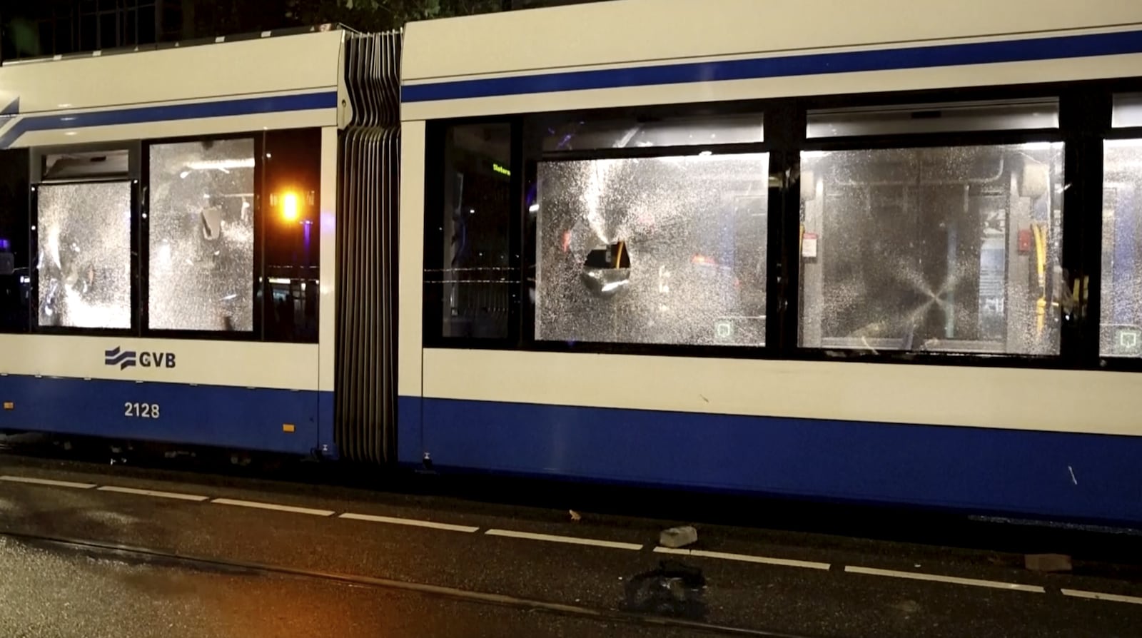 This image taken from video shows a damaged tram in Amsterdam, Monday Nov. 11, 2024, as the city is facing tensions following violence last week. (AP Photo)