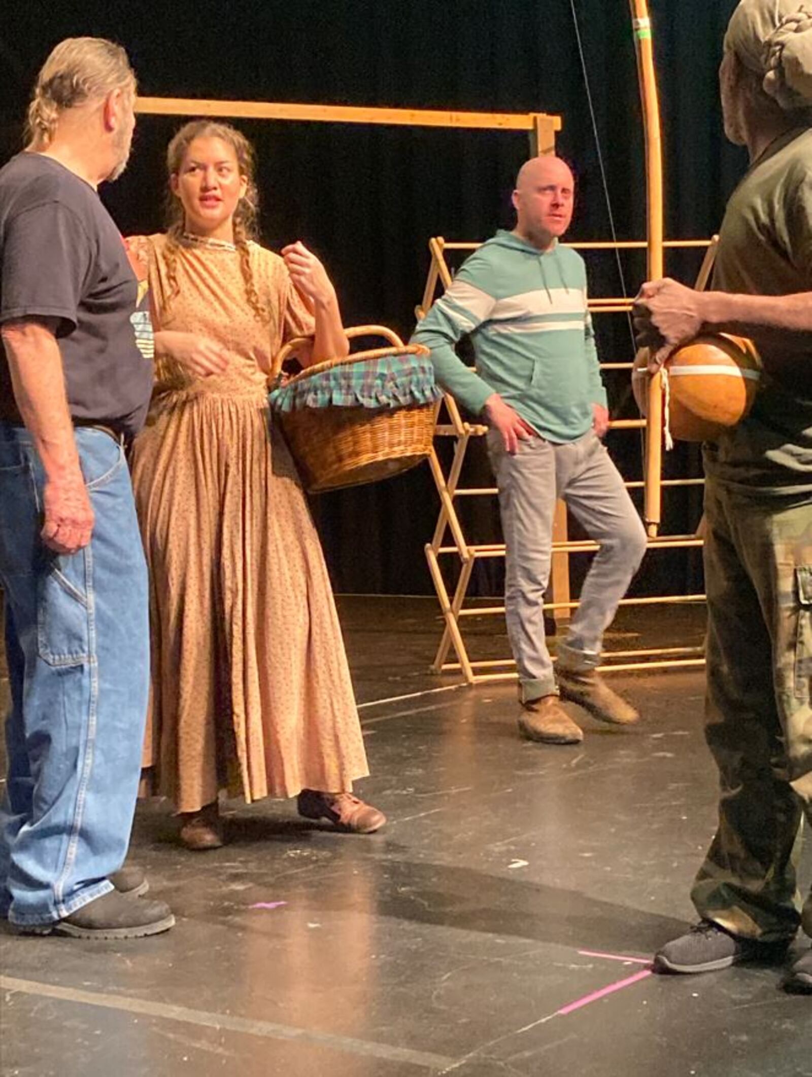 From left, actors Raiford Faircloth, Gabrielle Archer, Brendan Sheehan and drummer Carlton Pope, rehears a scene in the Mad River Theaterworks play, “Freedom Flight.” Photo by Tom Stafford