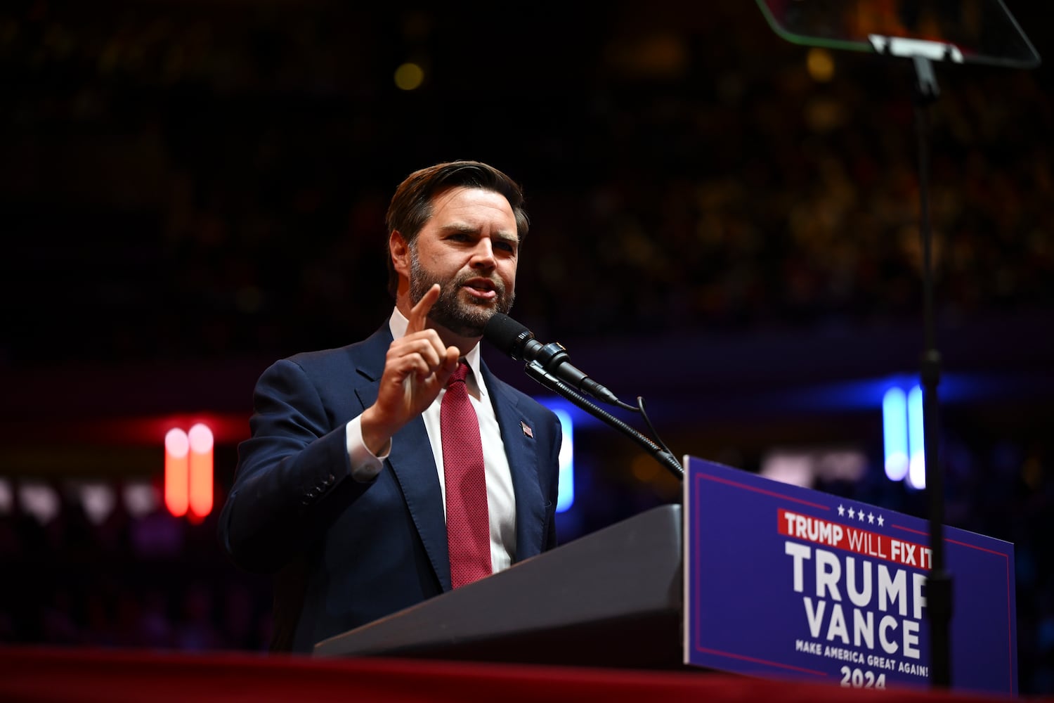 
                        Sen. JD Vance, the Republican vice presidential nominee, speaks during a campaign rally for former President Donald Trump, the Republican presidential nominee, at Madison Square Garden in New York, on Sunday, Oct. 27, 2024. (Kenny Holston/The New York Times)
                      