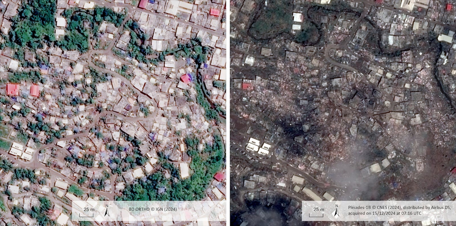 This undated satellite photo provided on Wednesday Dec. 18, 2024 by the Institut Geographique National (IGN), left, and the Centre National d'Etudes Spatiales (CNES) shows Mtsapere, before and after of the cyclone Chido in the Indian Ocean French territory of Mayotte. (IGN/CNES distributed by Airbus DS via AP)